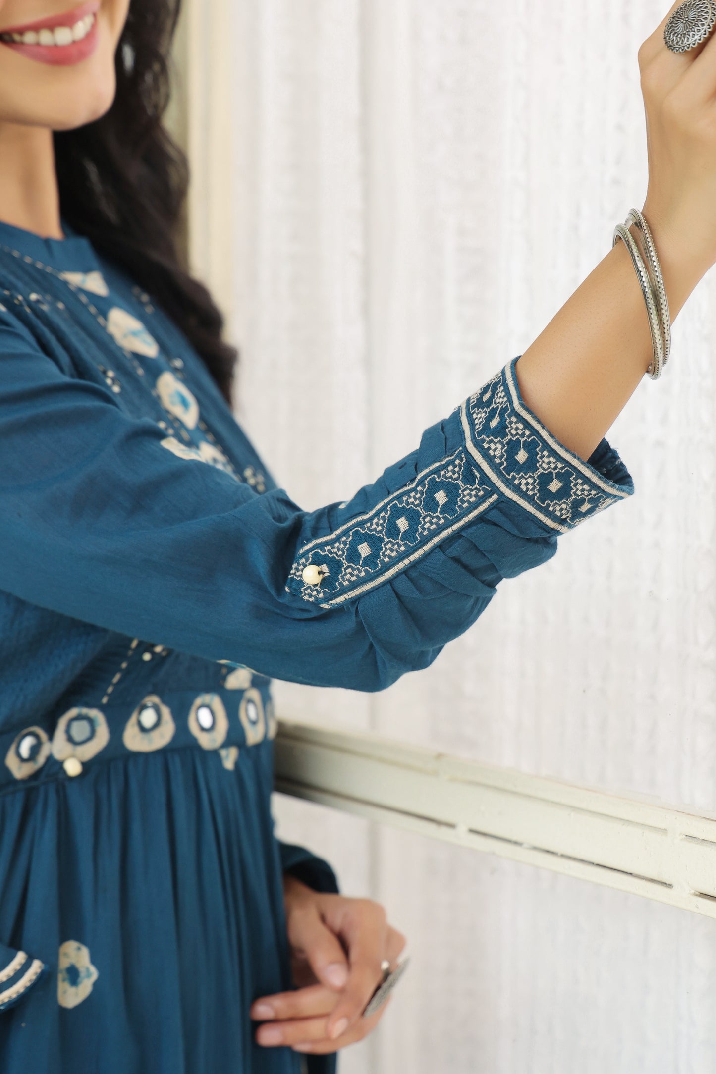 Teal Bandhej Cotton Anarkali Malmal 3-Piece Suit with Mirror Work and Tassels