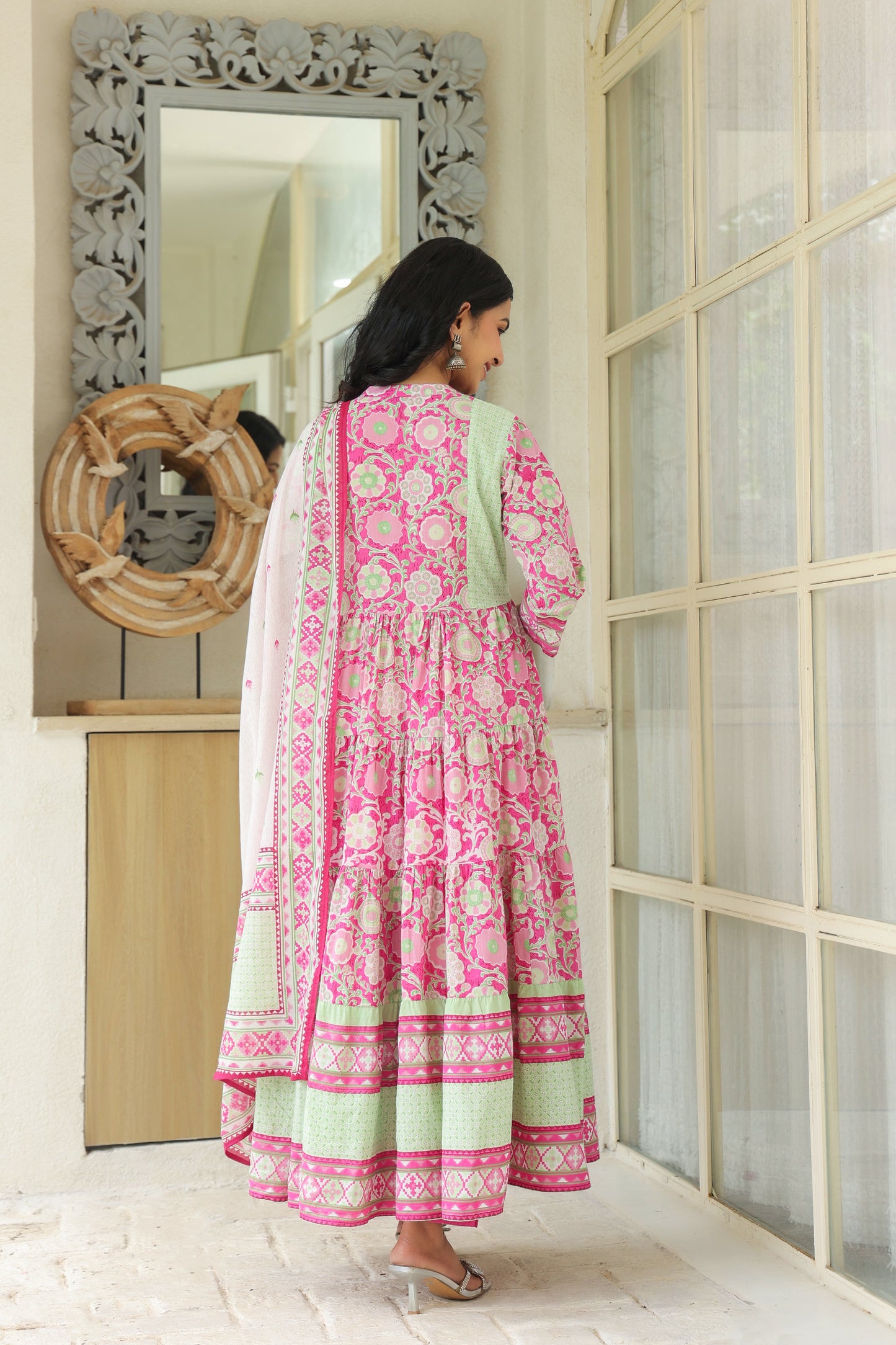 Pink Cotton Anarkali | Flowery Printed Pure Cotton Anarkali Dress for Women