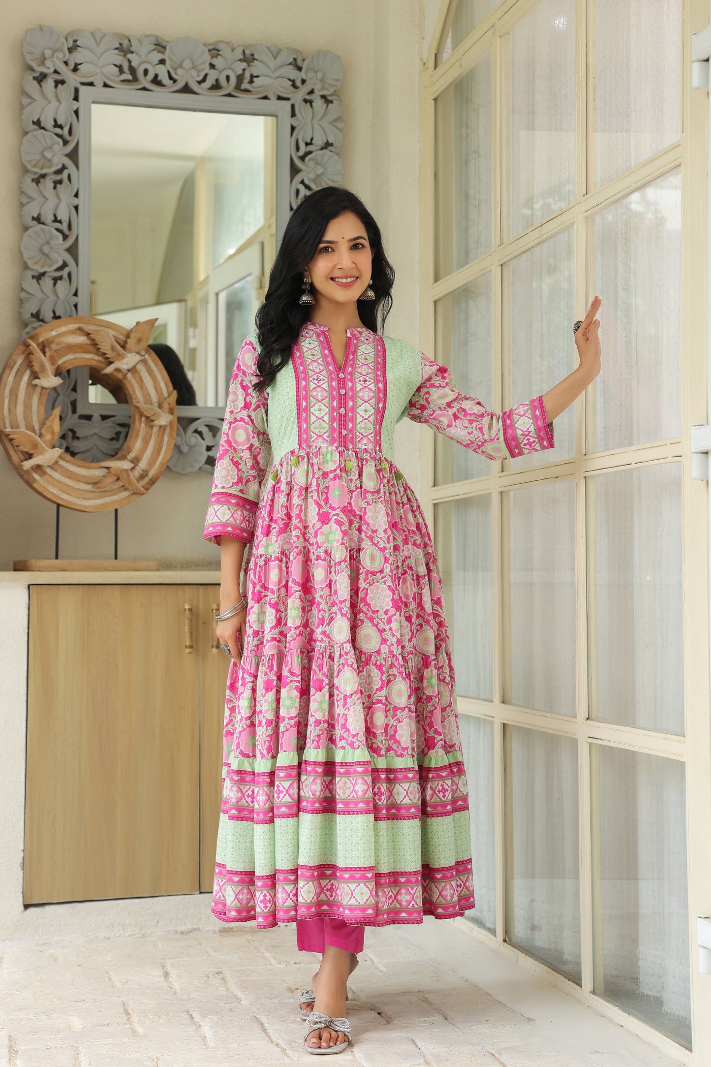 Pink Cotton Anarkali | Flowery Printed Pure Cotton Anarkali Dress for Women