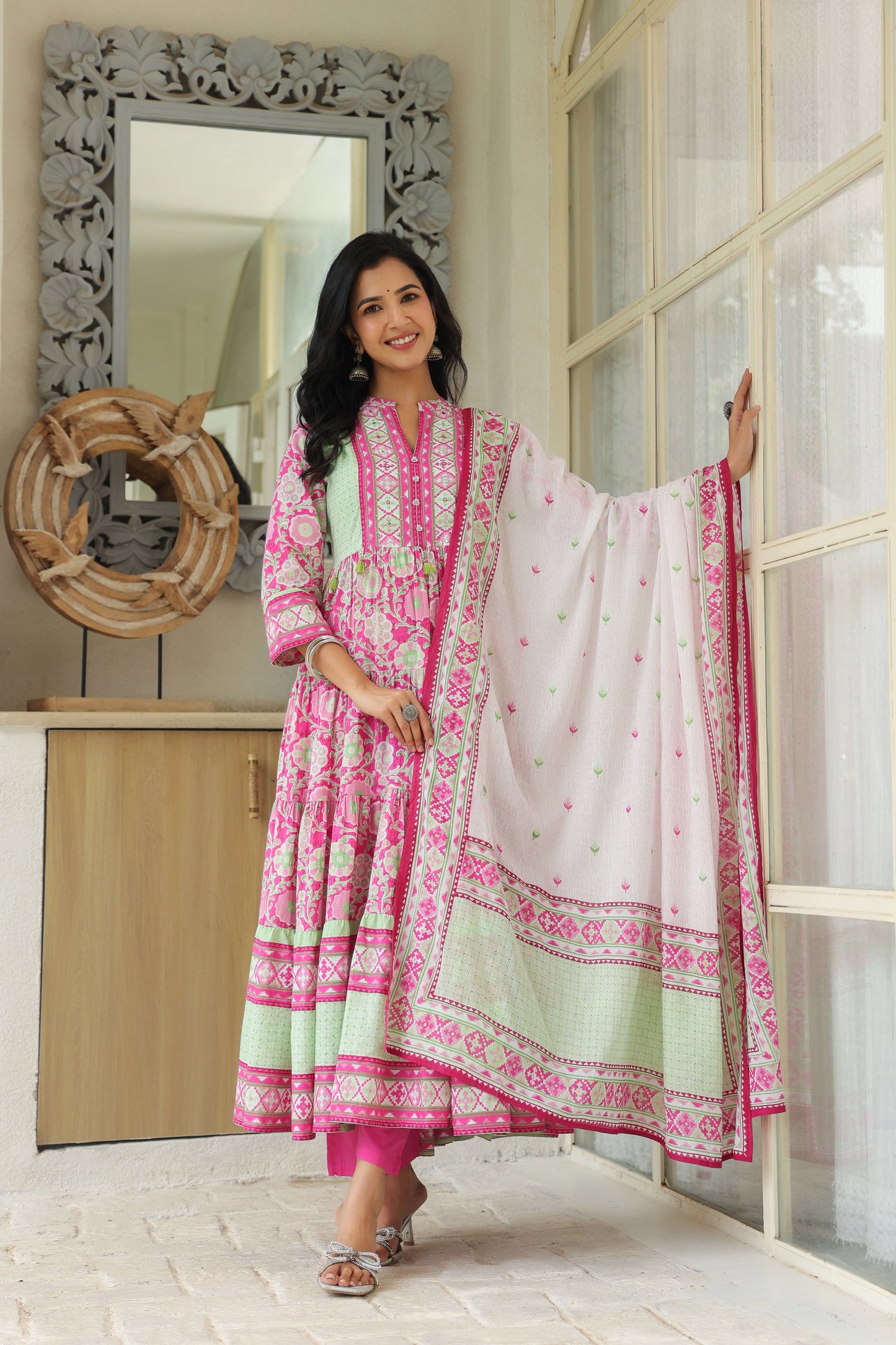Pink Cotton Anarkali | Flowery Printed Pure Cotton Anarkali Dress for Women