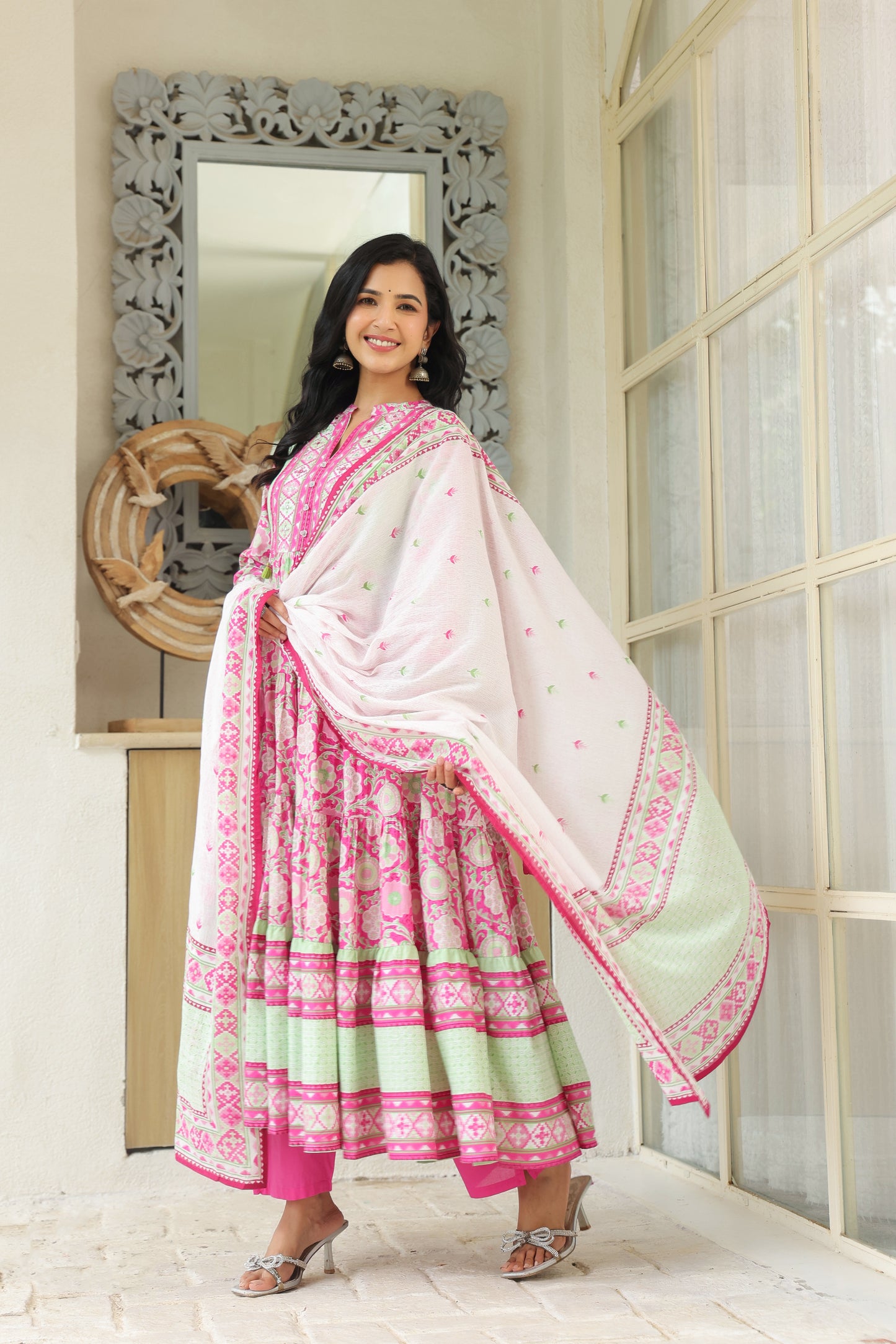 Pink Cotton Anarkali | Flowery Printed Pure Cotton Anarkali Dress for Women