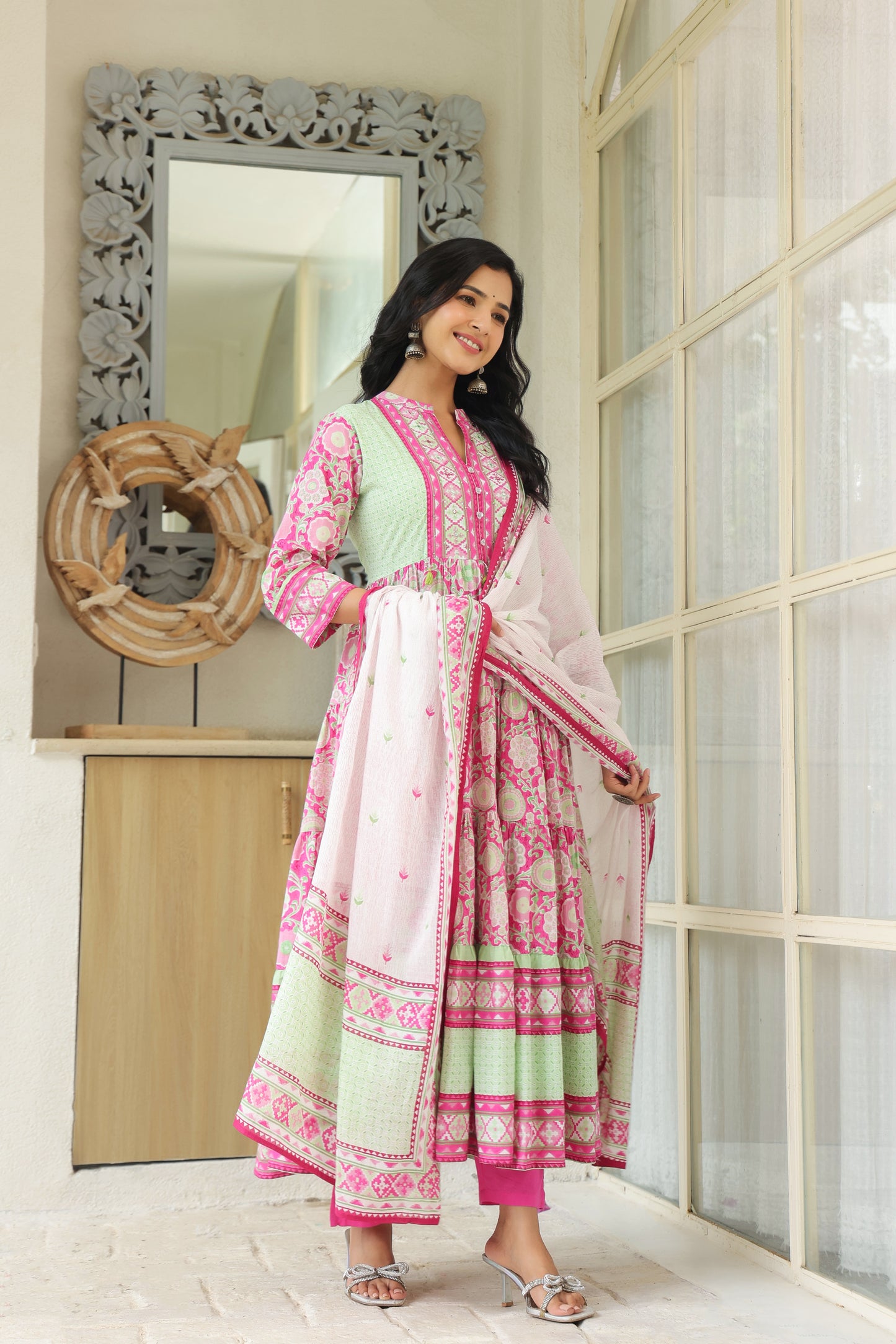 Pink Cotton Anarkali | Flowery Printed Pure Cotton Anarkali Dress for Women