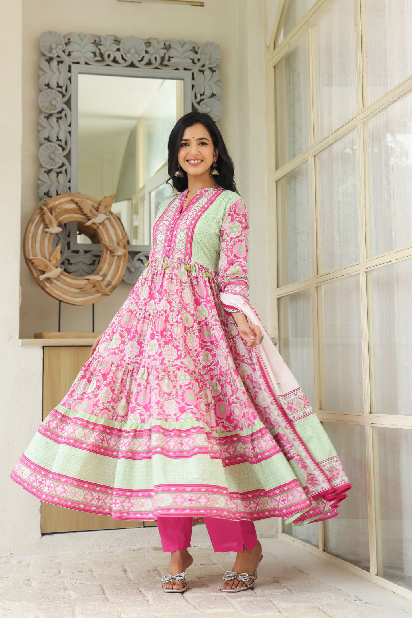 Pink Cotton Anarkali | Flowery Printed Pure Cotton Anarkali Dress for Women