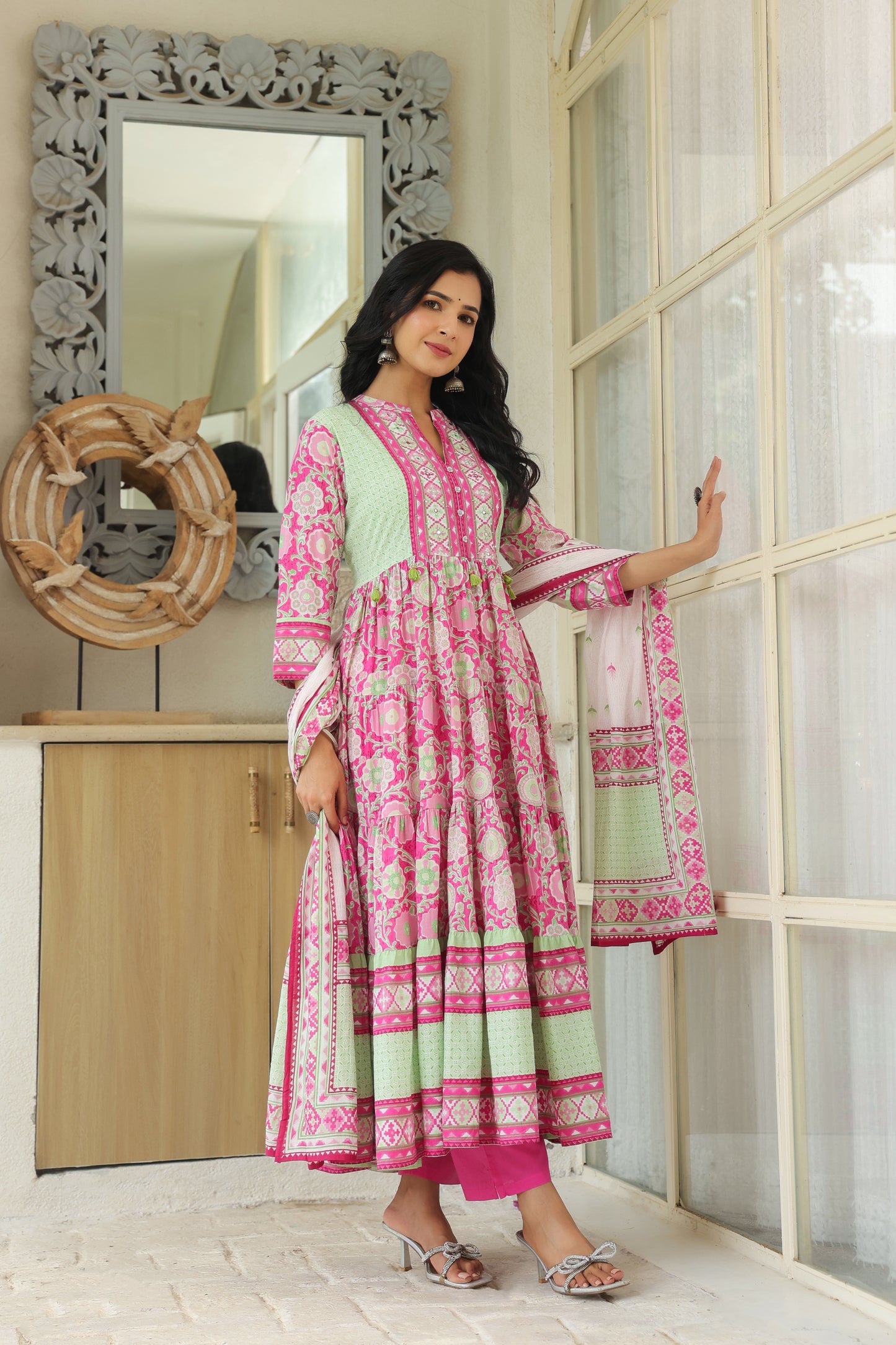 Pink Cotton Anarkali | Flowery Printed Pure Cotton Anarkali Dress for Women