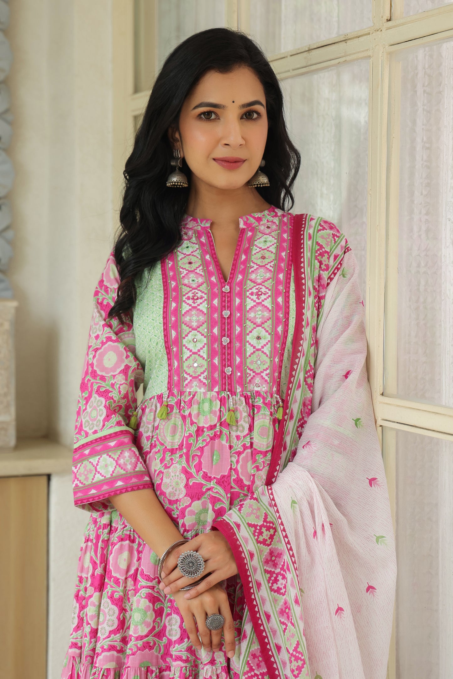 Pink Cotton Anarkali | Flowery Printed Pure Cotton Anarkali Dress for Women
