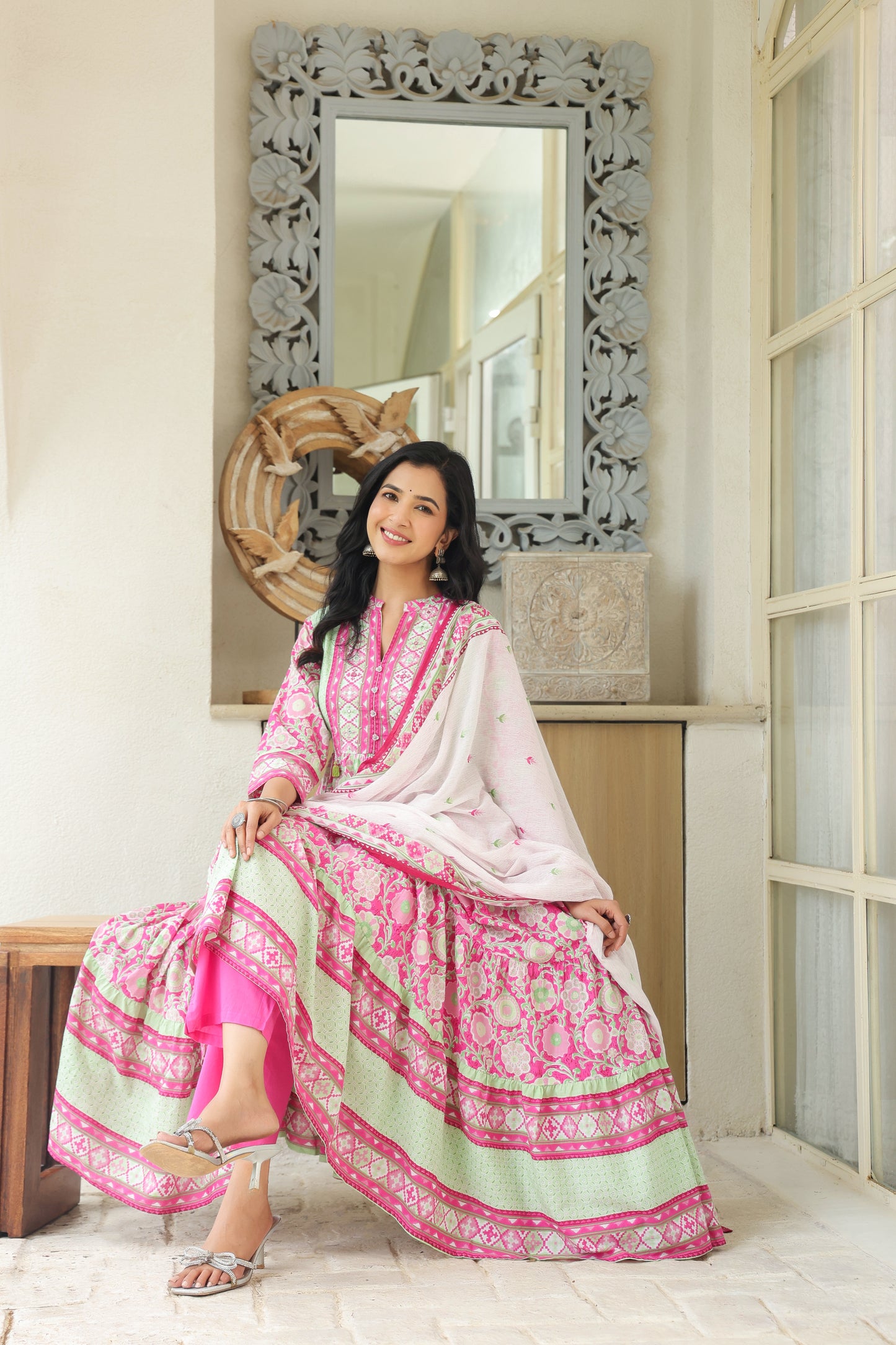 Pink Cotton Anarkali | Flowery Printed Pure Cotton Anarkali Dress for Women