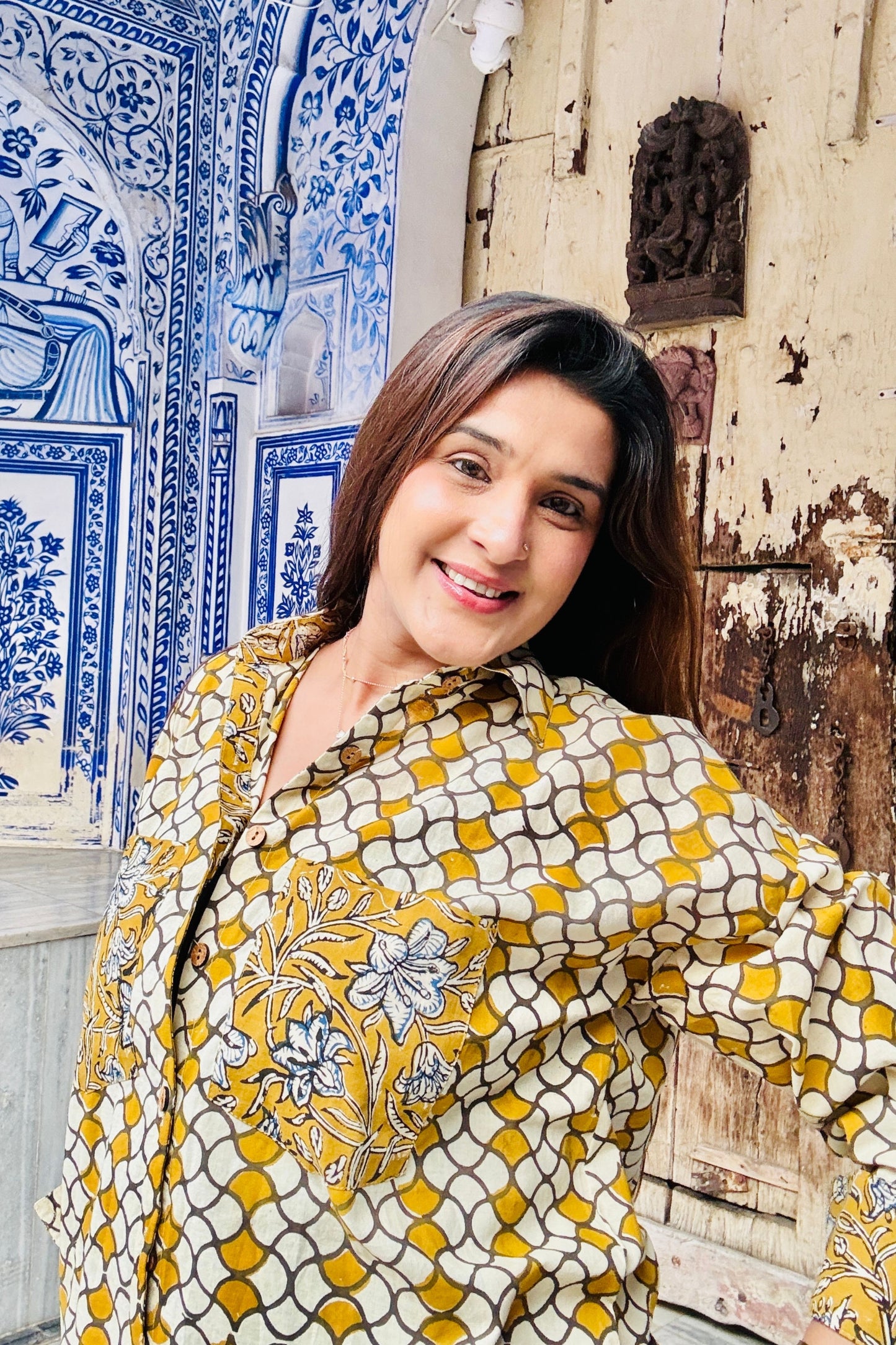 Sunlight Mustard Cotton Hand Block Oversized Shirt - House Of Kaura