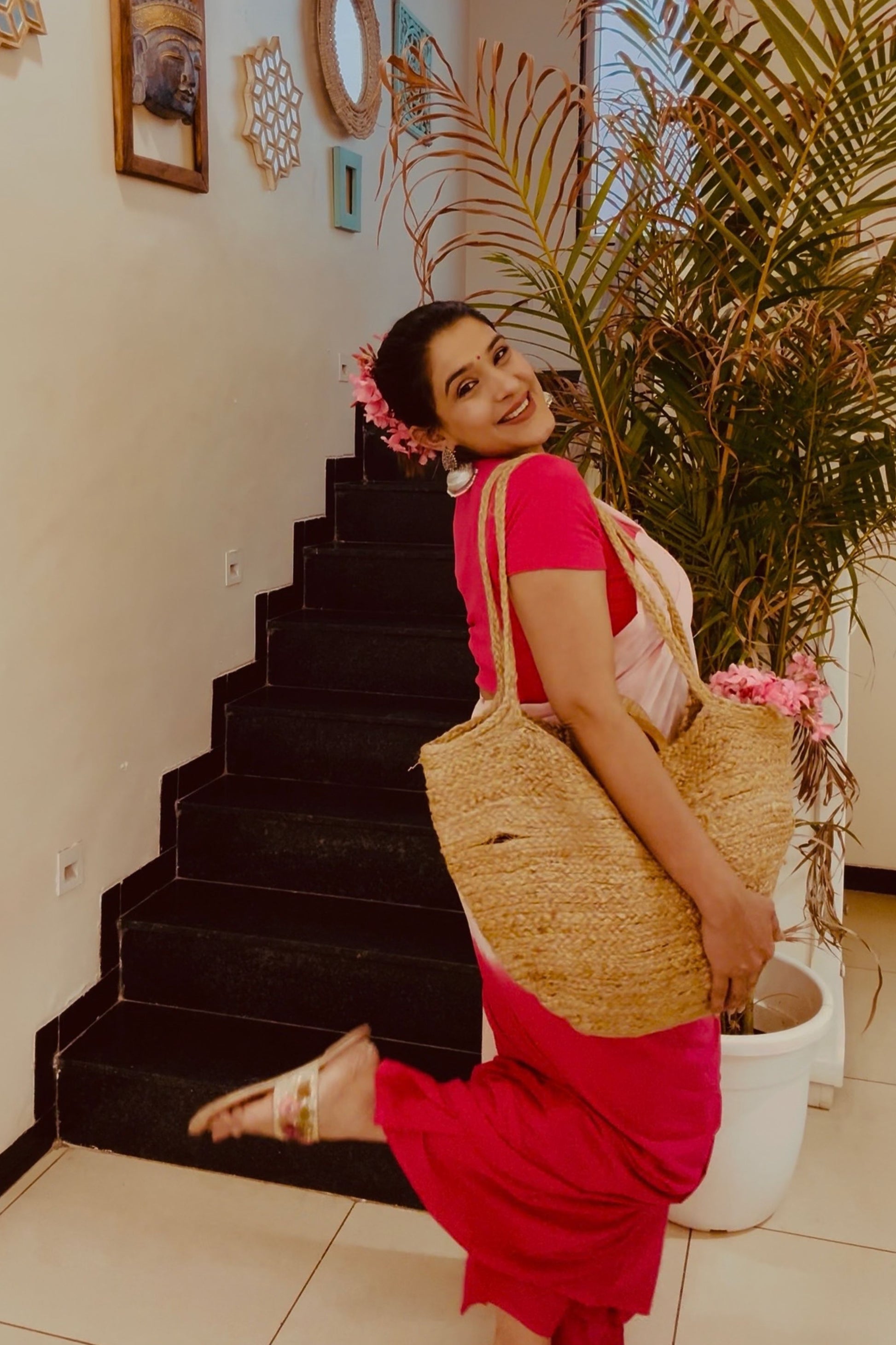 Blush & Bold Ombre Pink Saree - Hand Blocked - House Of Kaura