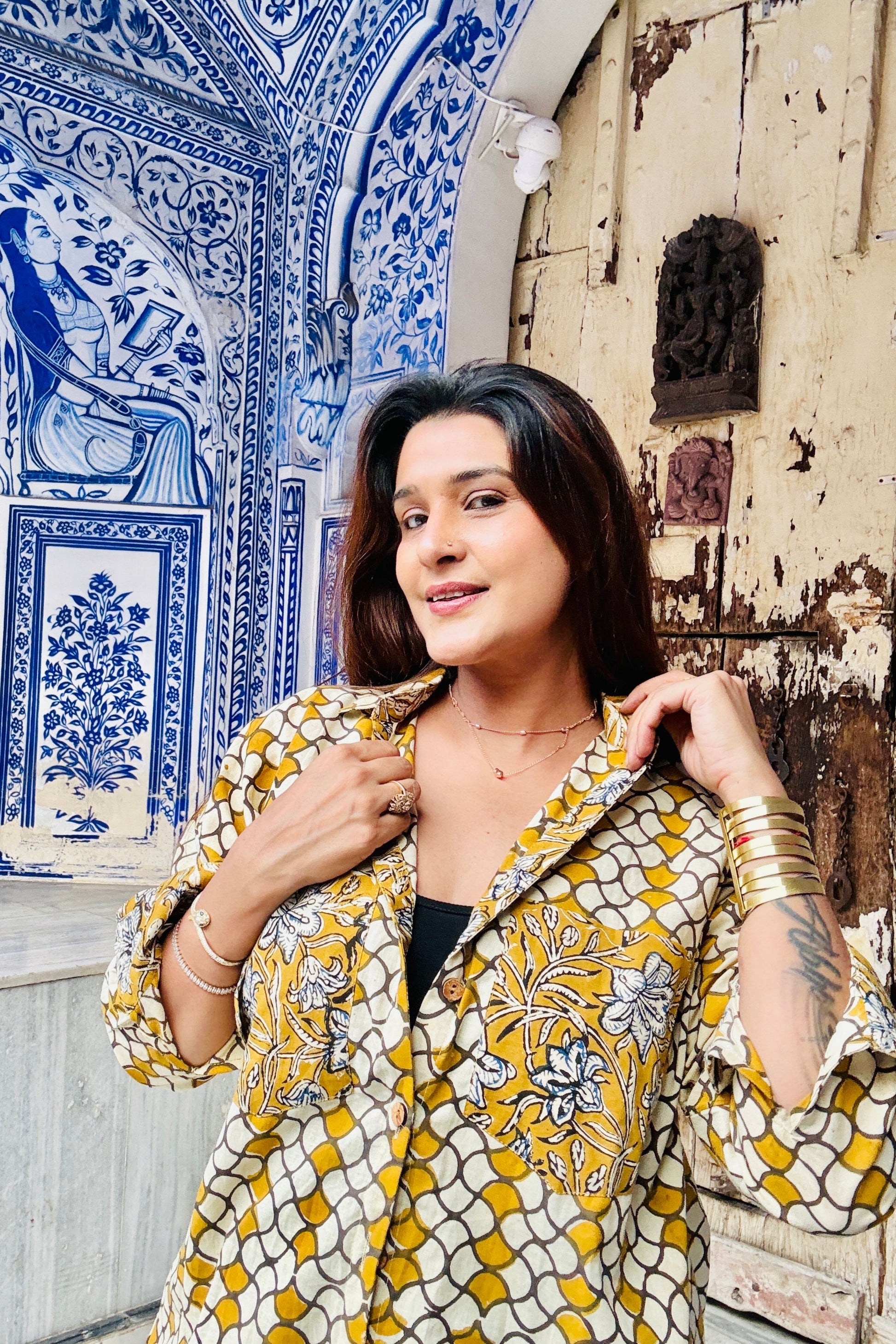 Sunlight Mustard Cotton Hand Block Oversized Shirt - House Of Kaura