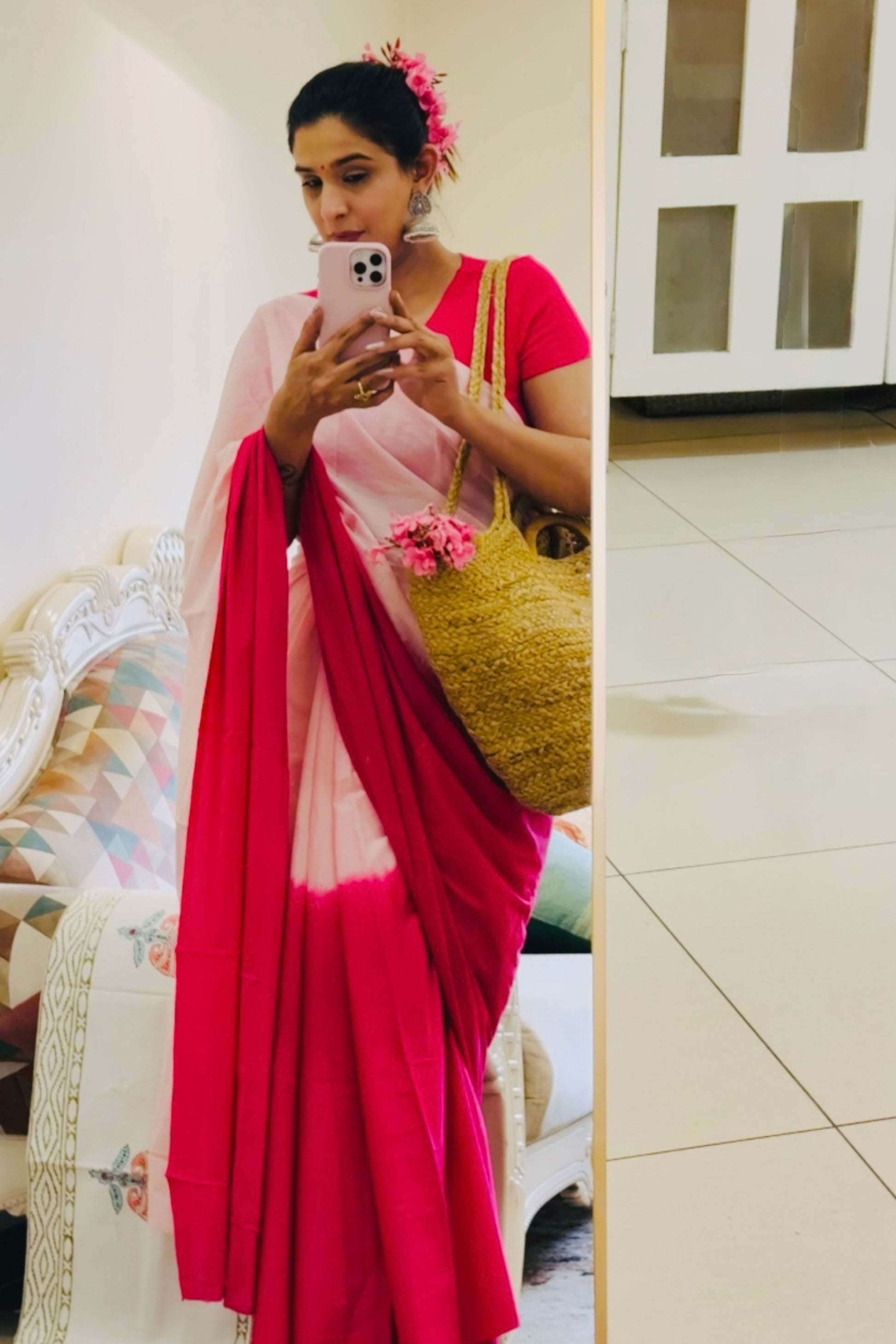 Blush & Bold Ombre Pink Saree - Hand Blocked - House Of Kaura