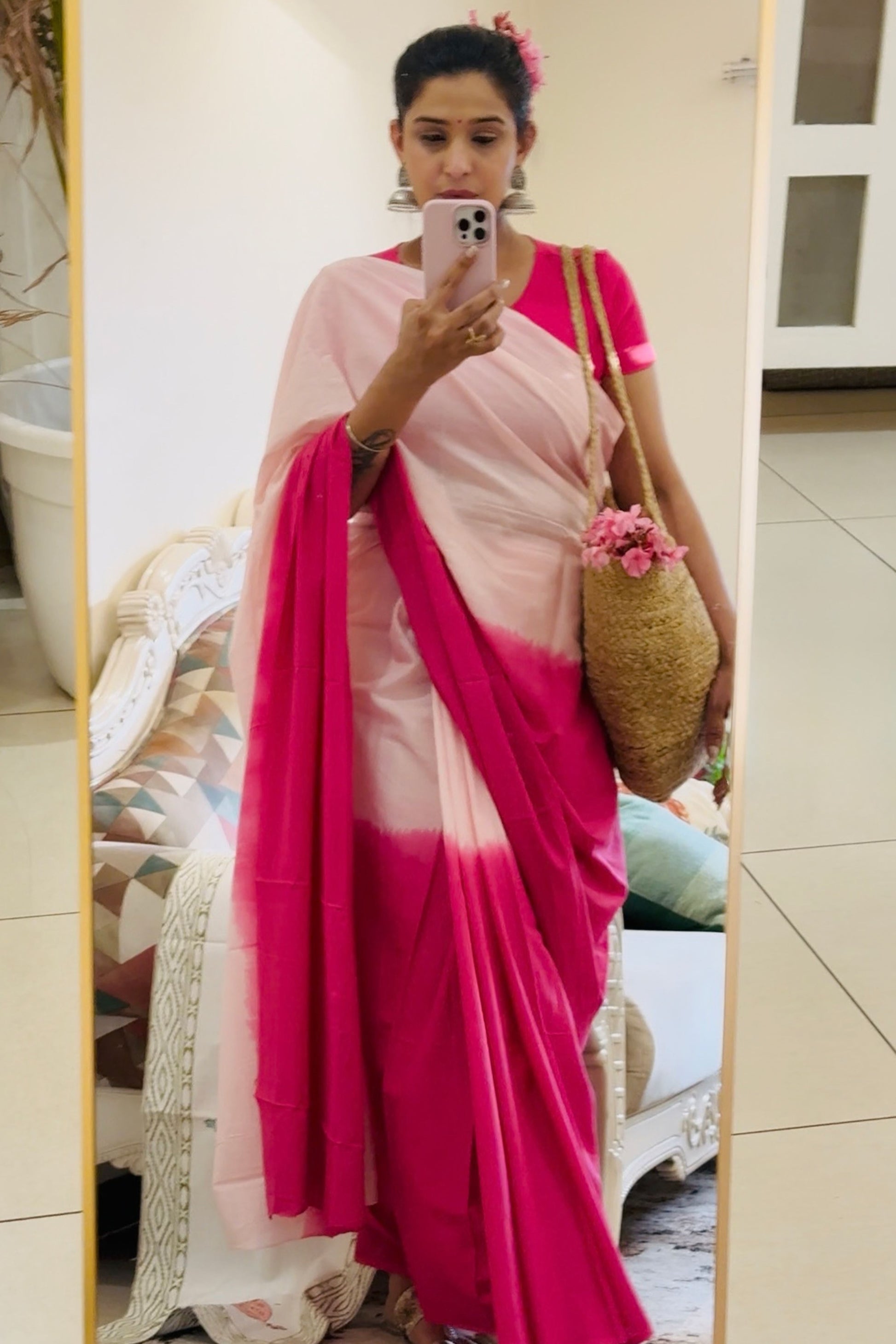 Blush & Bold Ombre Pink Saree - Hand Blocked - House Of Kaura