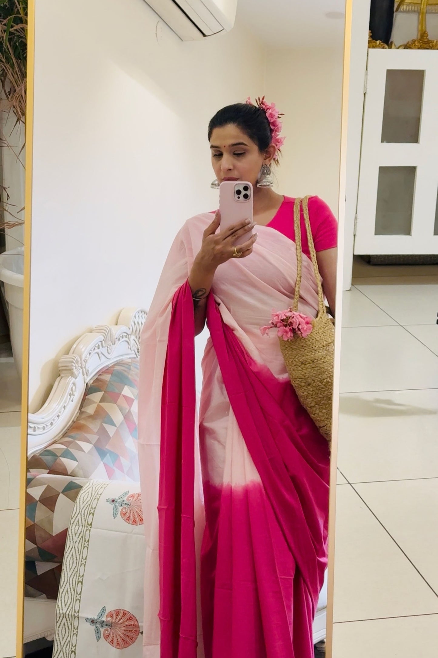 Blush & Bold Ombre Pink Saree - Hand Blocked - House Of Kaura