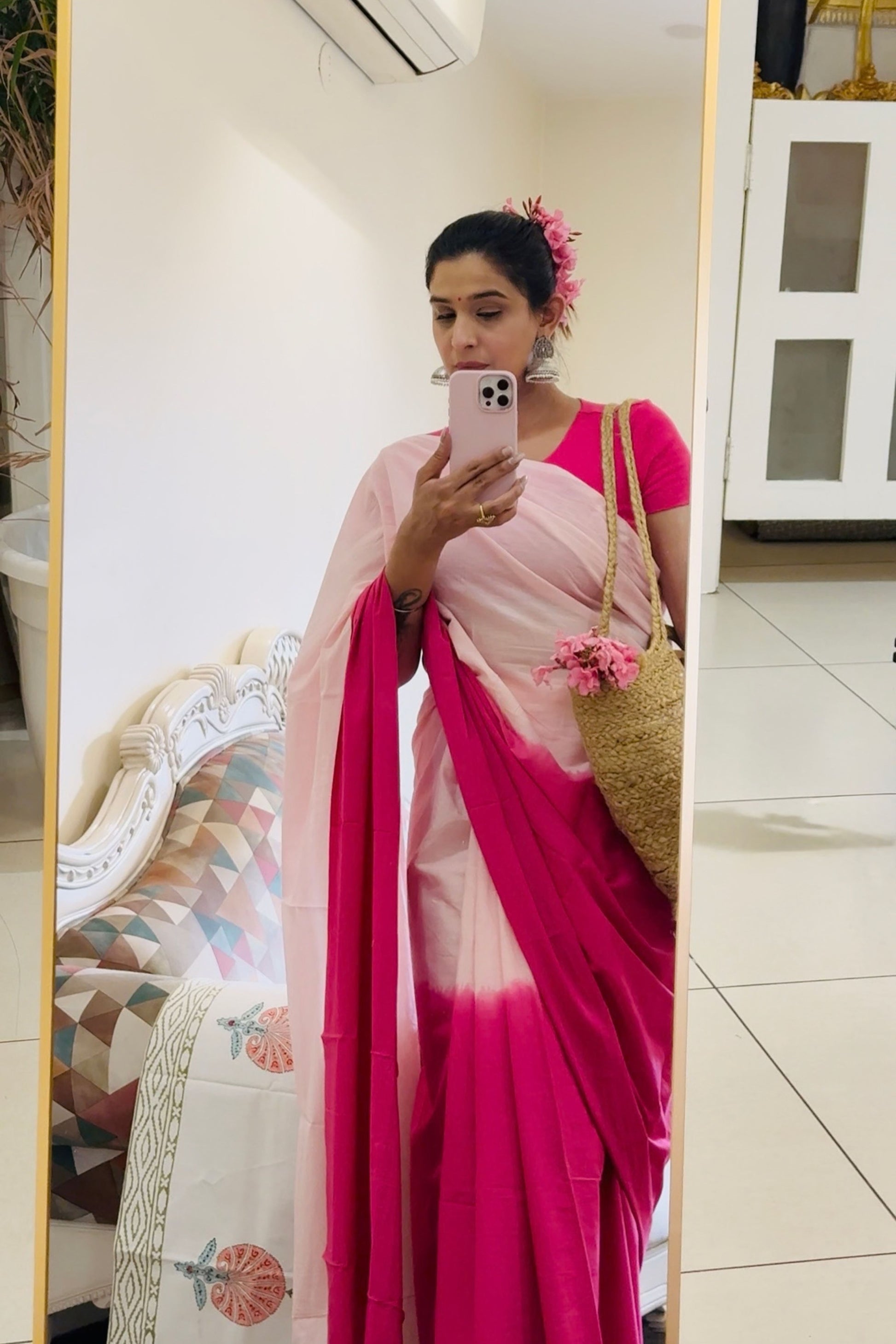 Blush & Bold Ombre Pink Saree - Hand Blocked - House Of Kaura