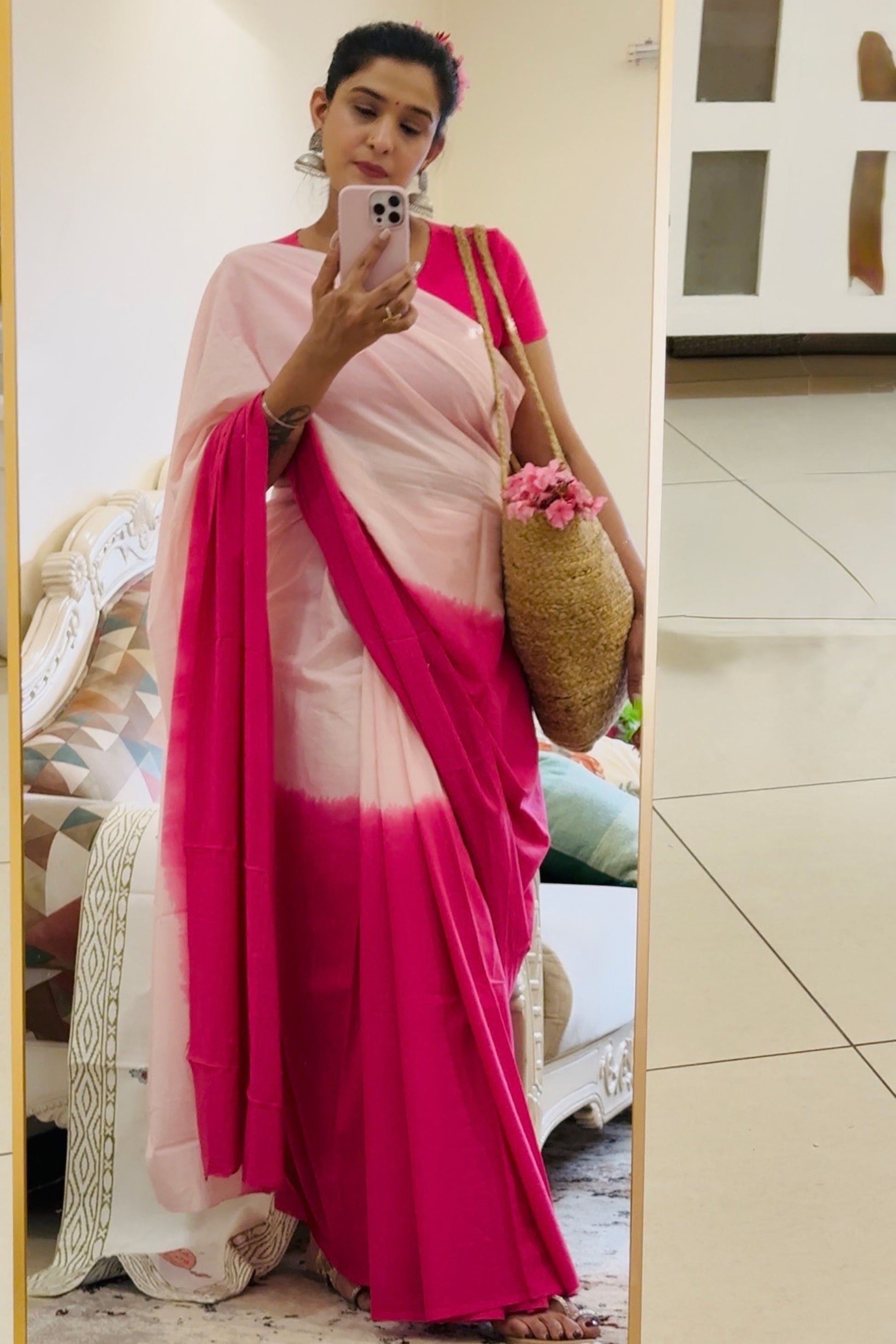 Blush & Bold Ombre Pink Saree - Hand Blocked - House Of Kaura