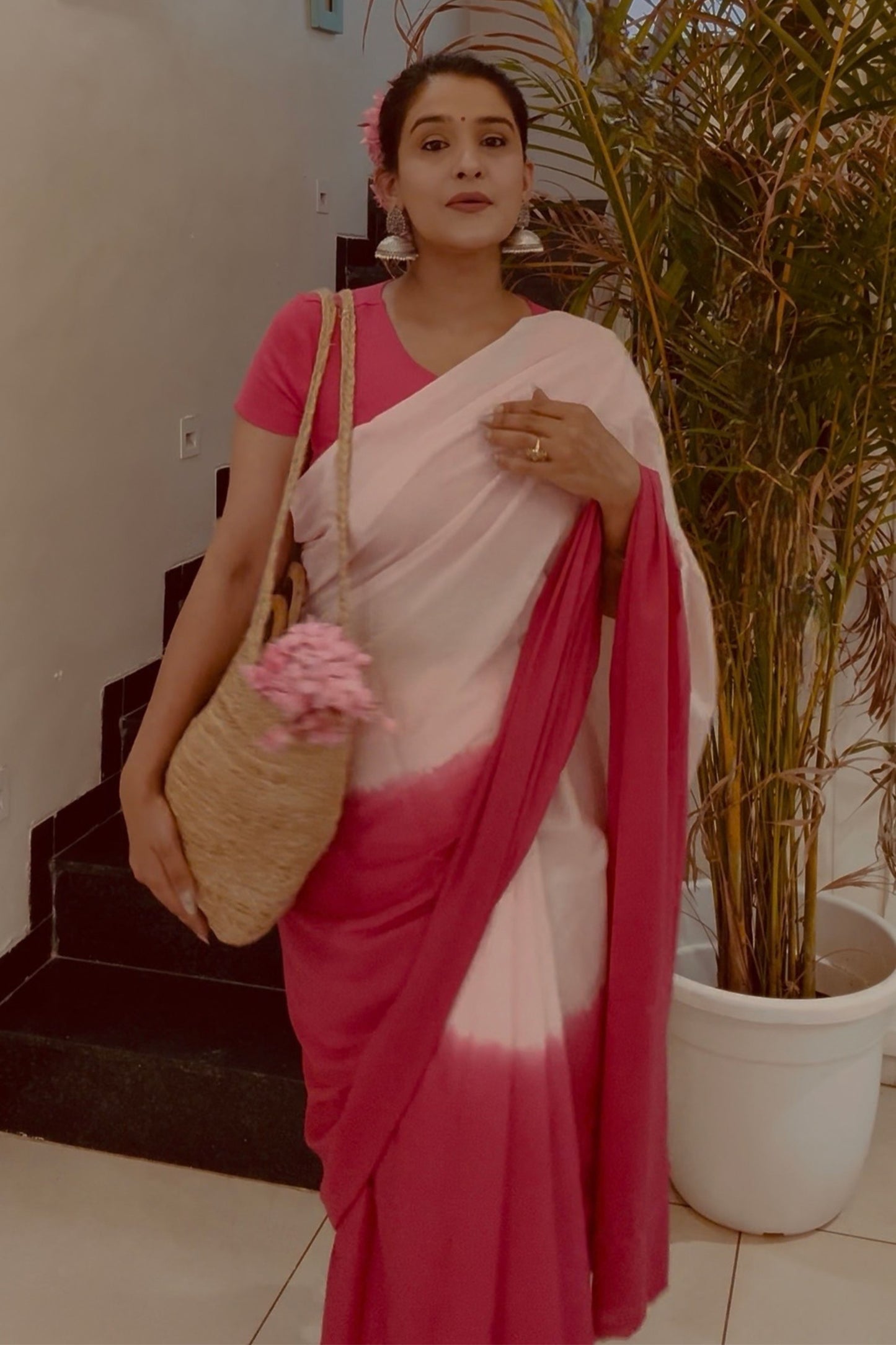 Blush & Bold Ombre Pink Saree - Hand Blocked - House Of Kaura