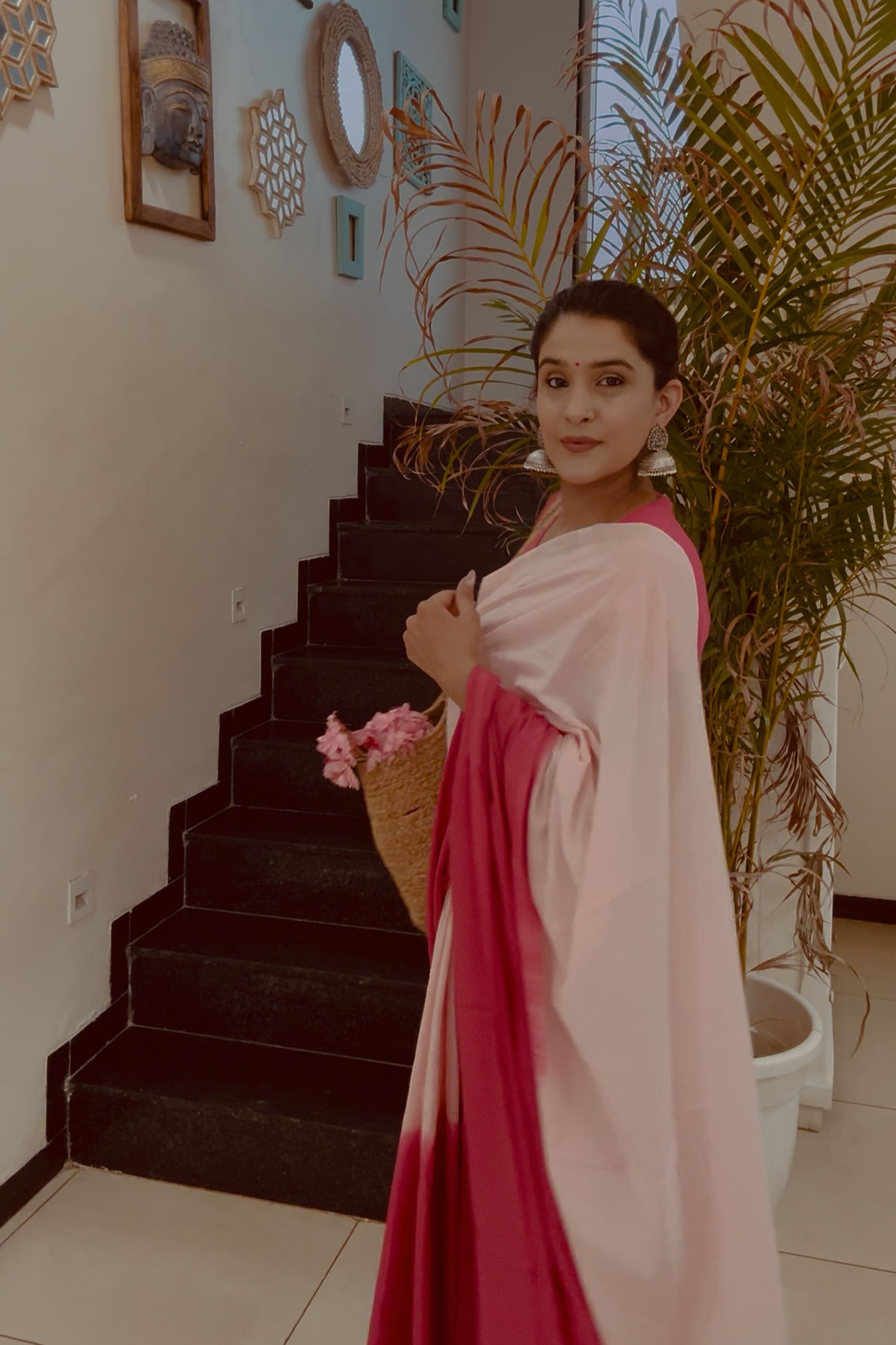 Blush & Bold Ombre Pink Saree - Hand Blocked - House Of Kaura