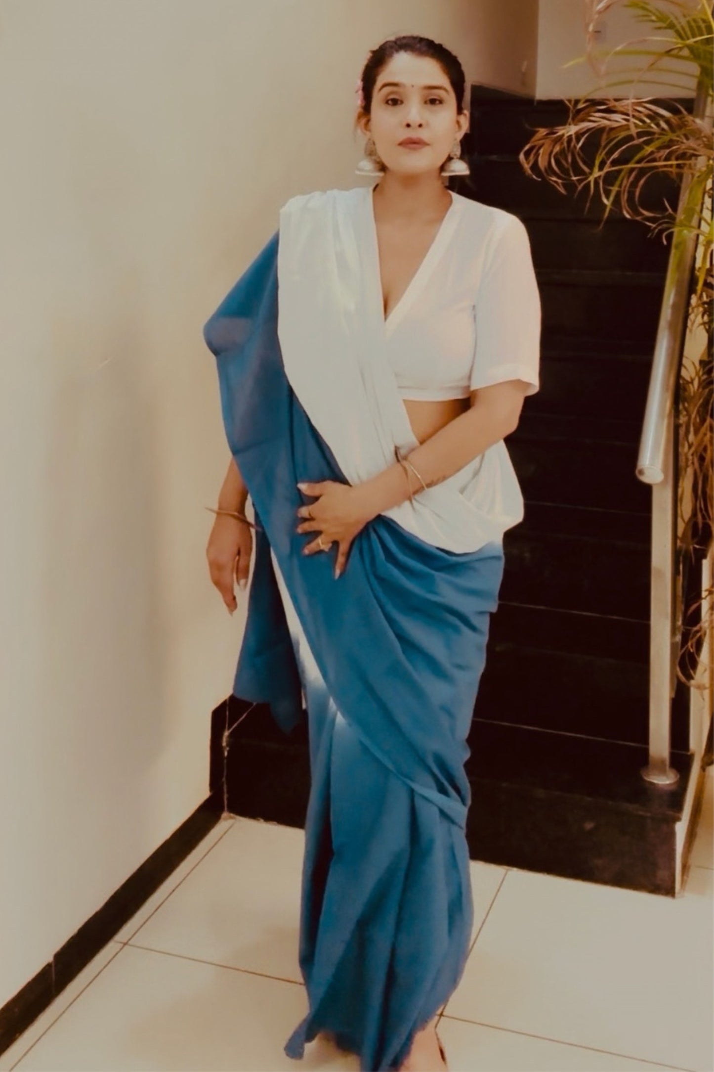 Mist & Marine Ombre Blue Saree - Hand Blocked - House Of Kaura