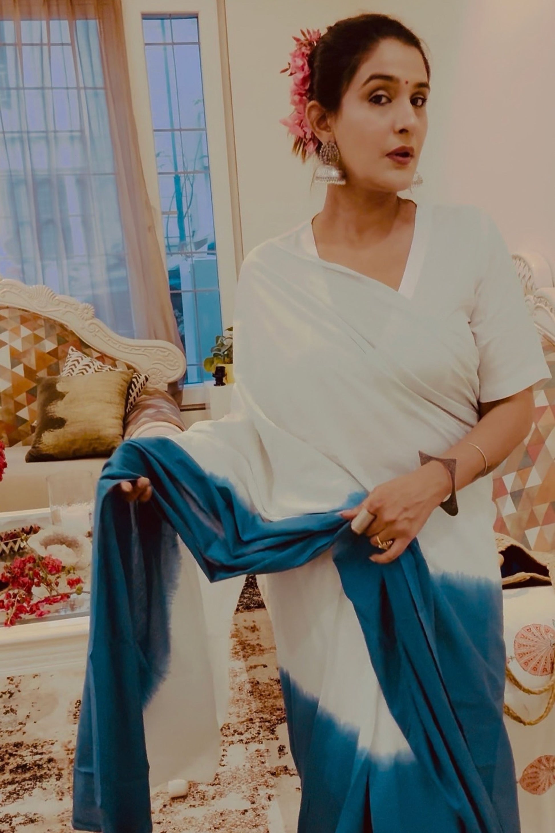 Mist & Marine Ombre Blue Saree - Hand Blocked - House Of Kaura