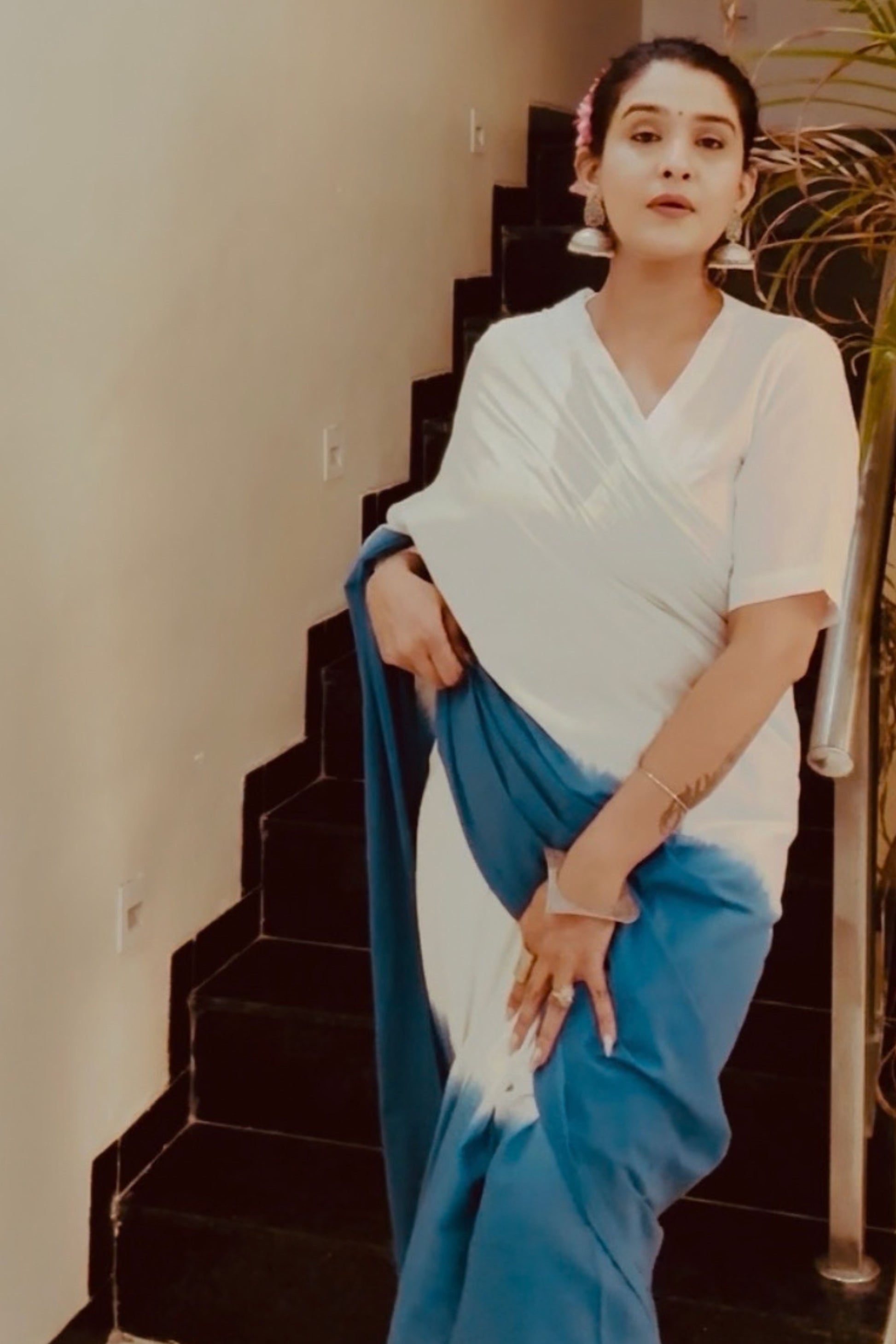Mist & Marine Ombre Blue Saree - Hand Blocked - House Of Kaura