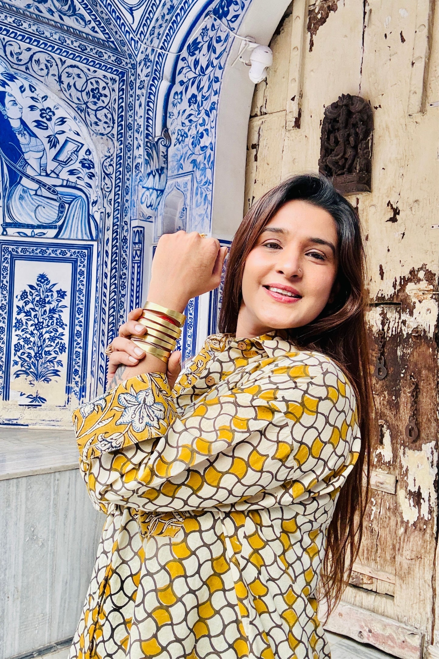 Sunlight Mustard Cotton Hand Block Oversized Shirt - House Of Kaura