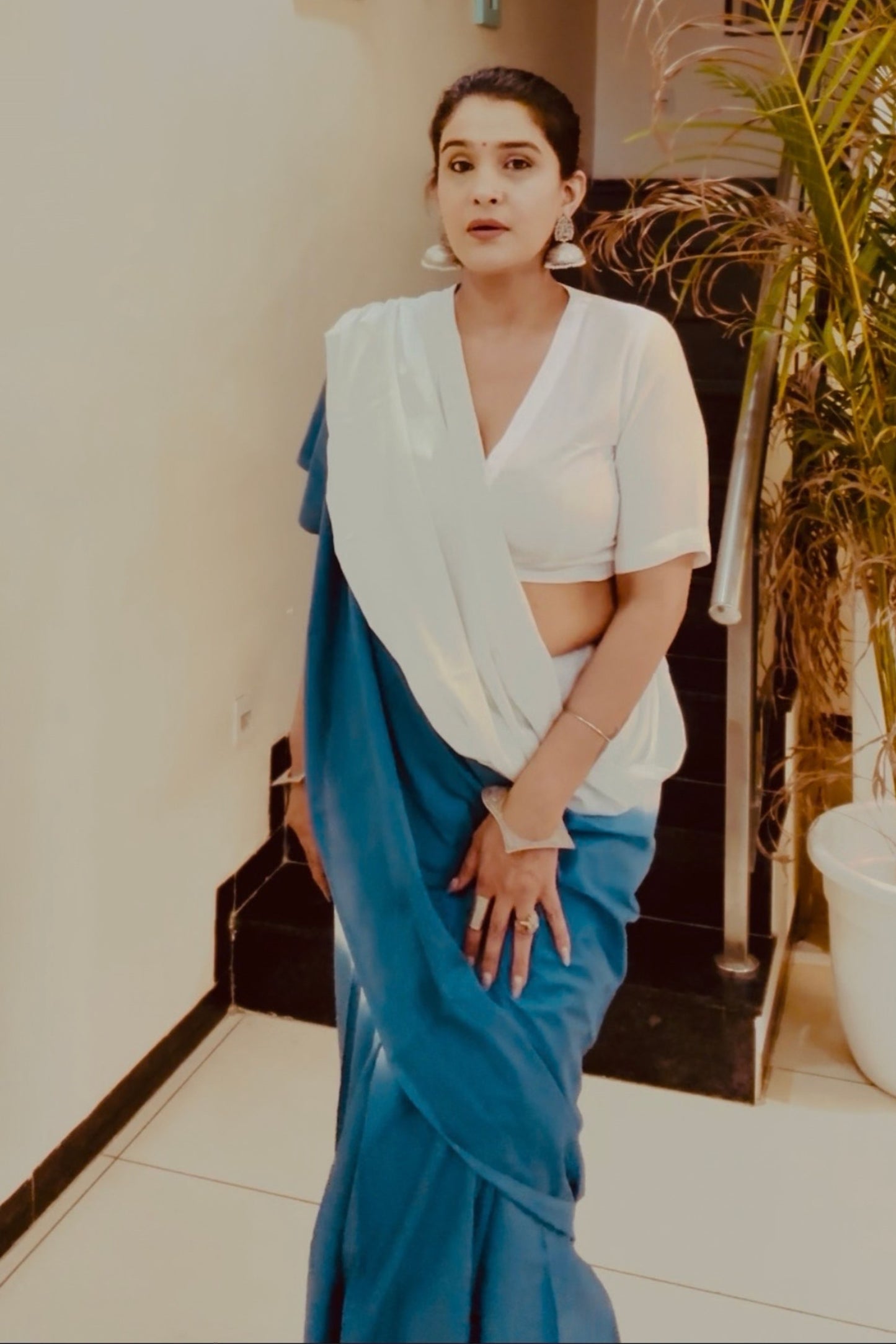Mist & Marine Ombre Blue Saree - Hand Blocked - House Of Kaura