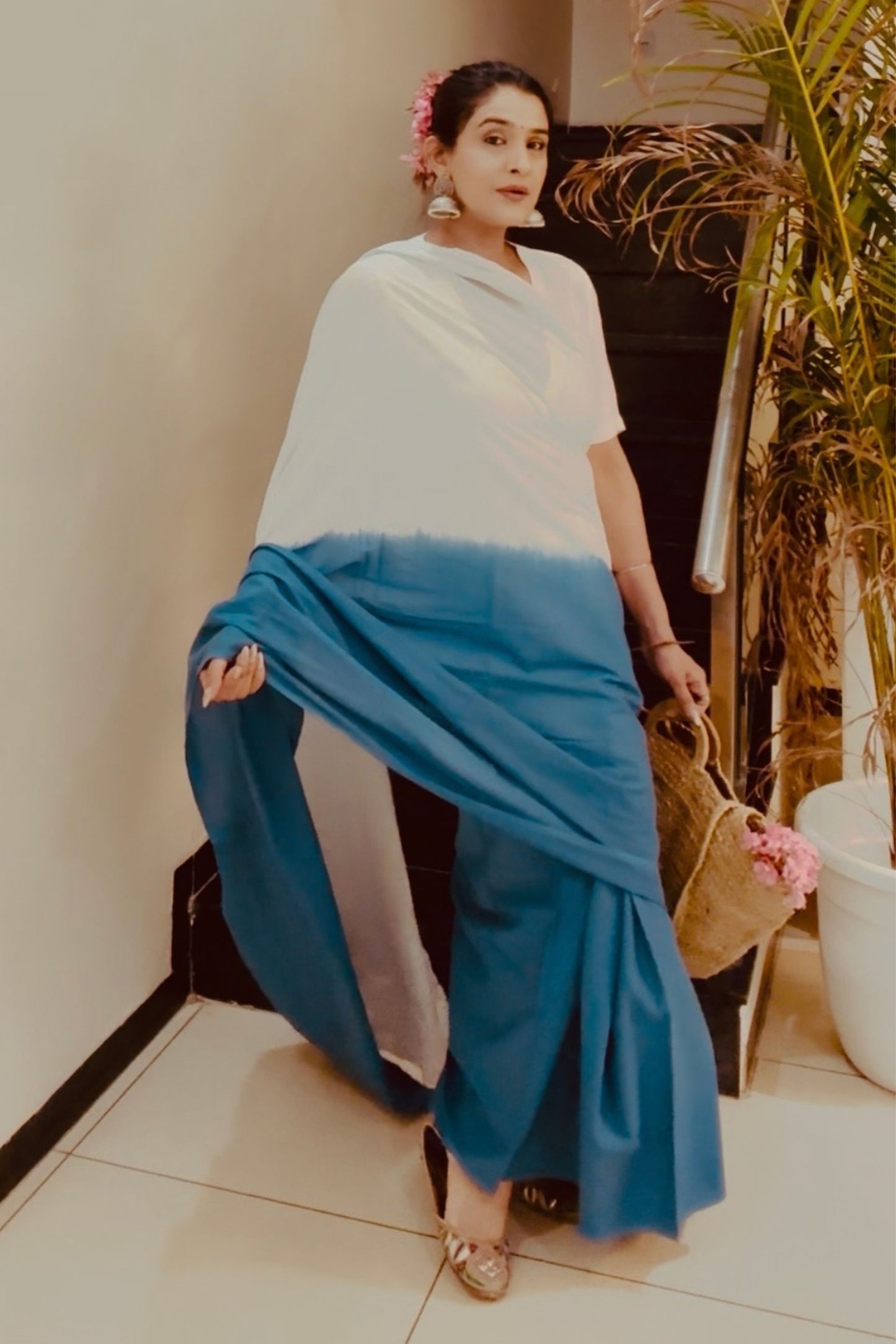 Mist & Marine Ombre Blue Saree - Hand Blocked - House Of Kaura