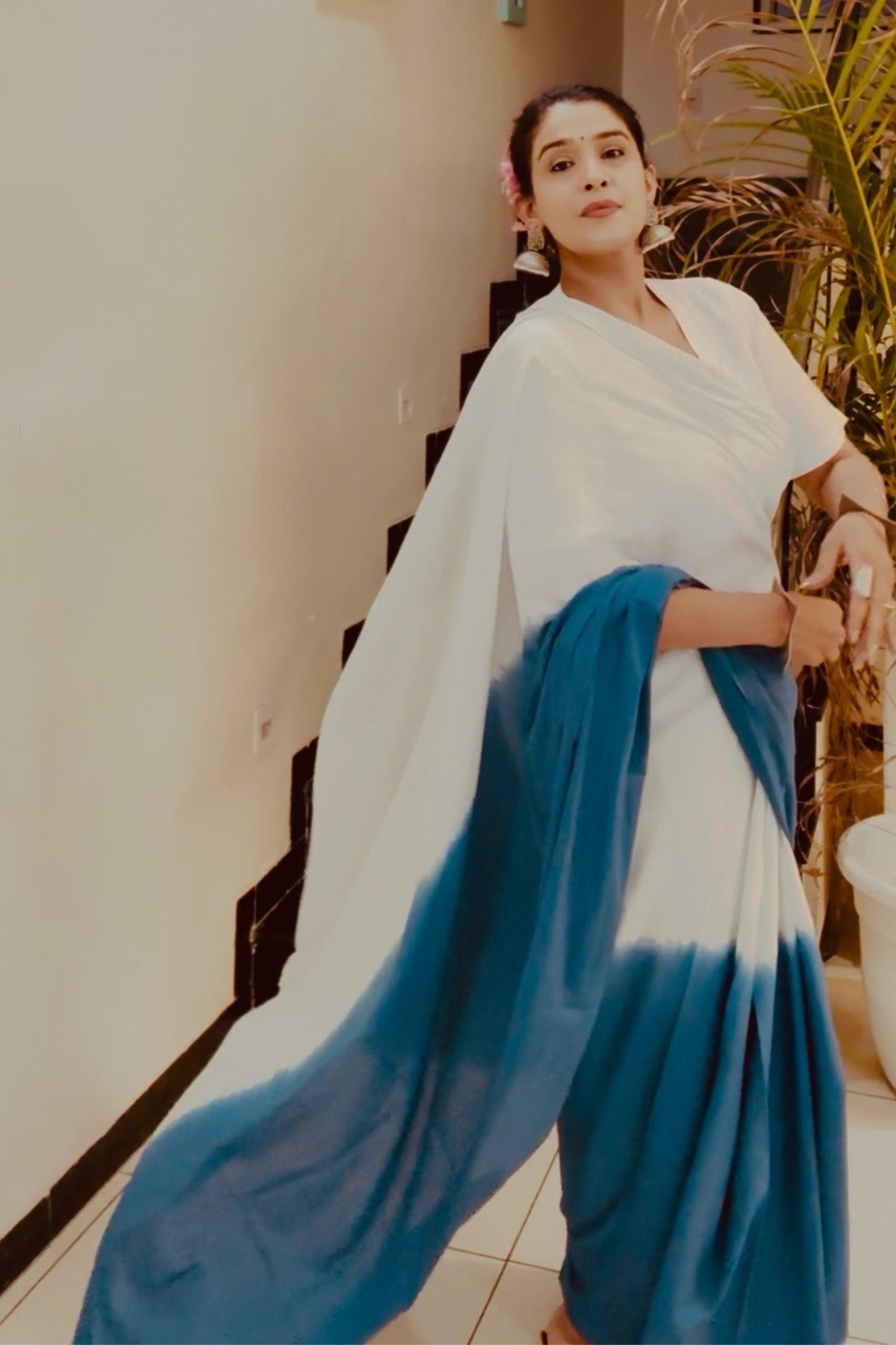 Mist & Marine Ombre Blue Saree - Hand Blocked - House Of Kaura