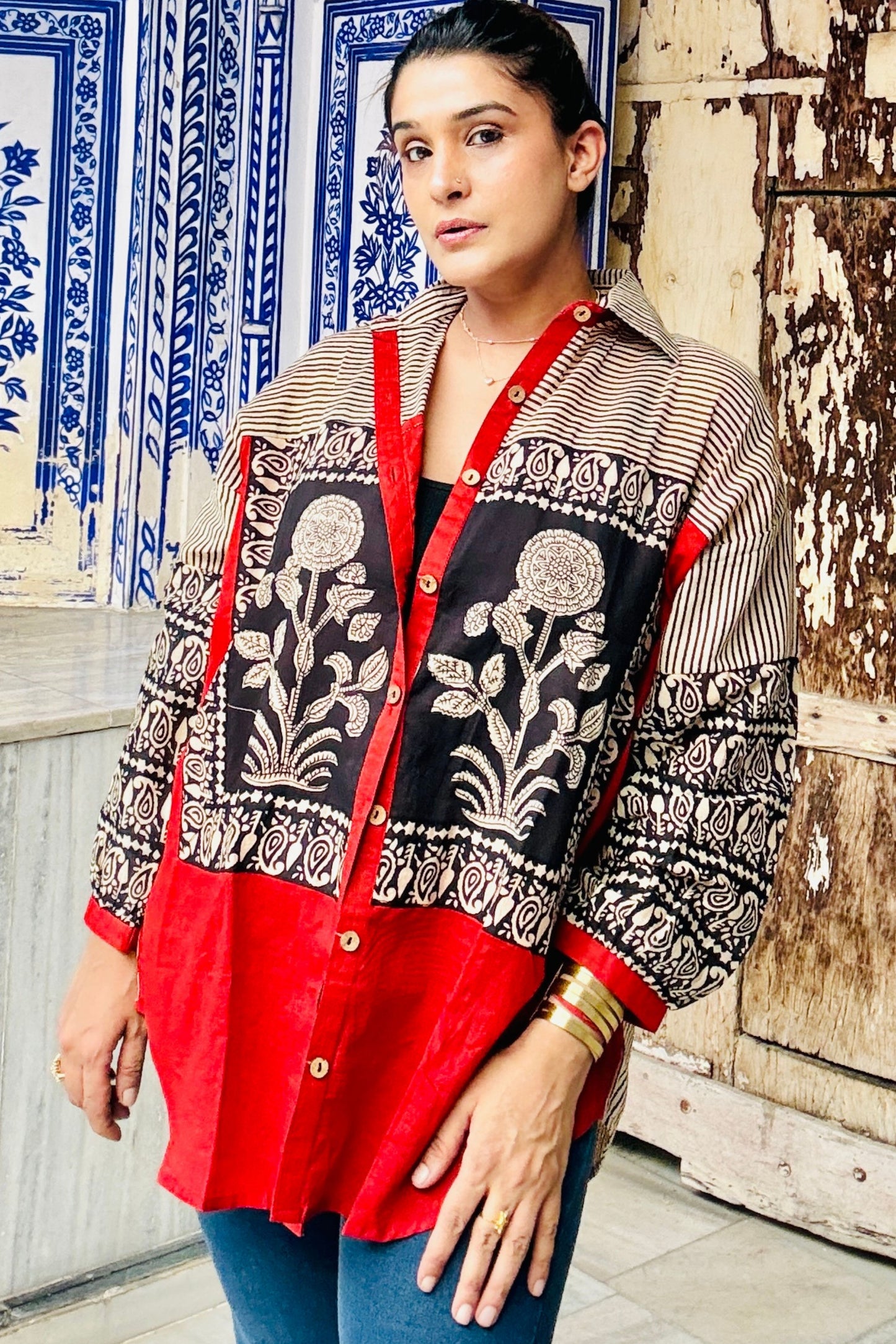 Mehfil Big Floral Hand Block Striped Oversized Cotton Shirt - House Of Kaura