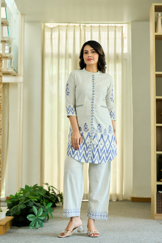 Blue Cotton Co-ord Set | Comfortable Pure Cotton Embroidered Co-ord for Women