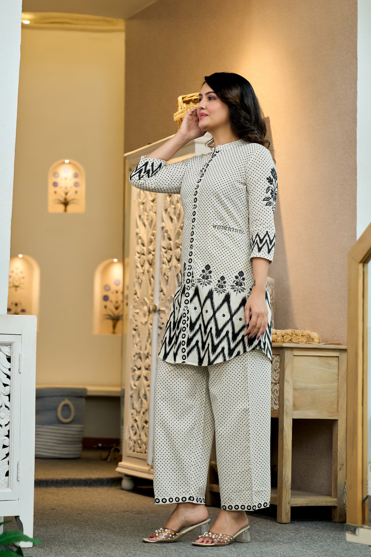 Black Cotton Co-ord Set with Dot Design and Embroidery