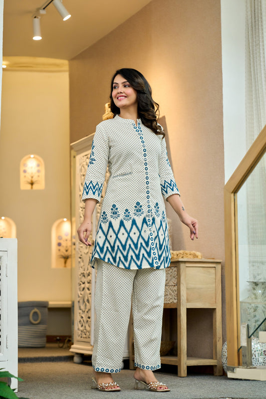 Dark Blue Cotton Co-ord Set | Elegant Pure Cotton Outfit with Embroidery