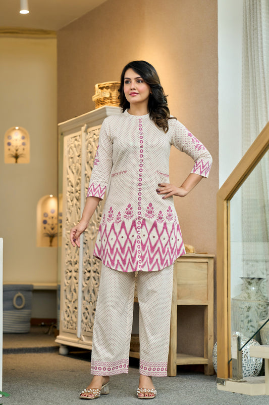 Pink Cotton Co-ord Set | Stylish Pure Cotton Embroidered Co-ord for Women