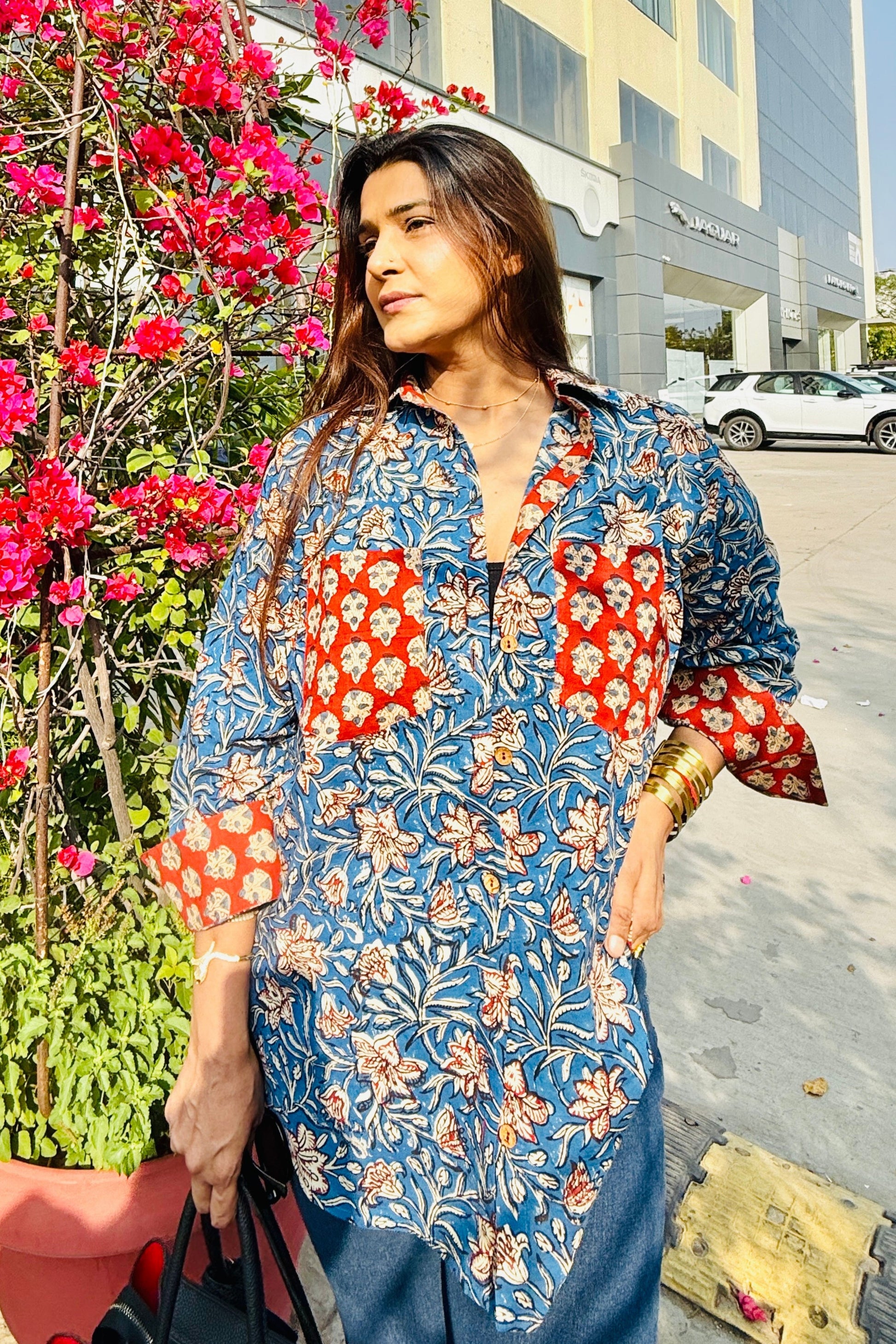 Siyaahi Cotton Hand Block Oversized Shirt - House Of Kaura