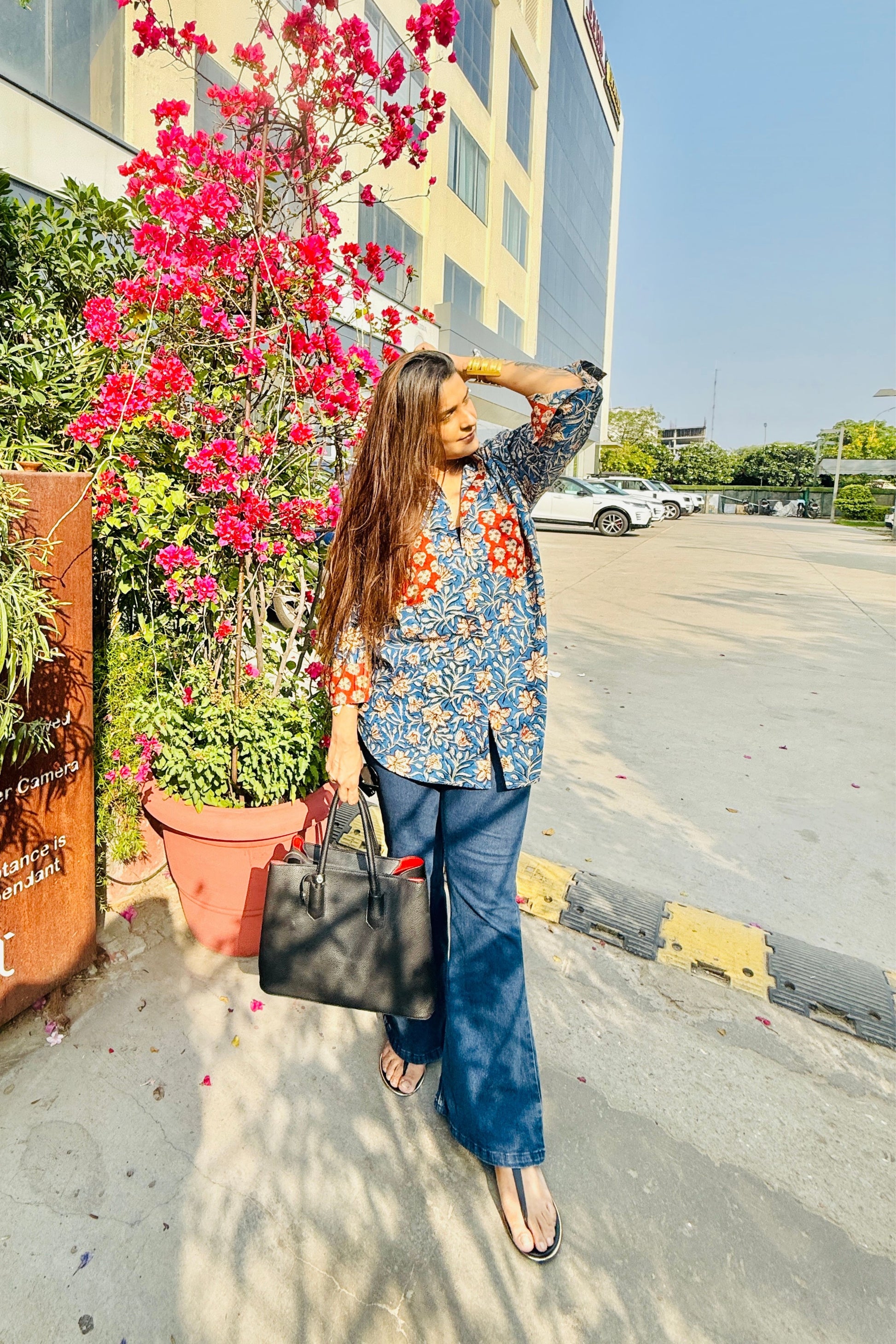 Siyaahi Cotton Hand Block Oversized Shirt - House Of Kaura