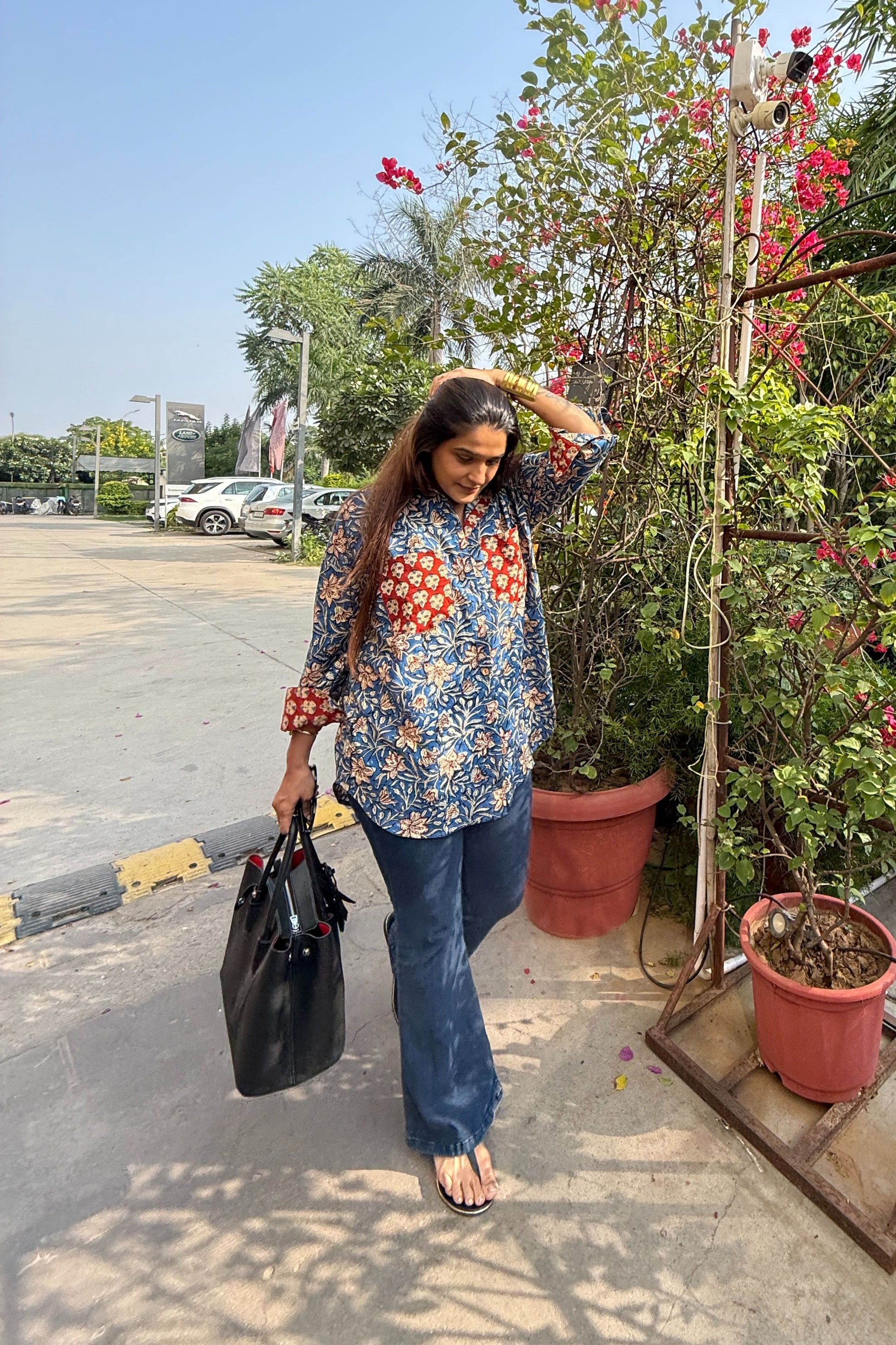 Siyaahi Cotton Hand Block Oversized Shirt - House Of Kaura