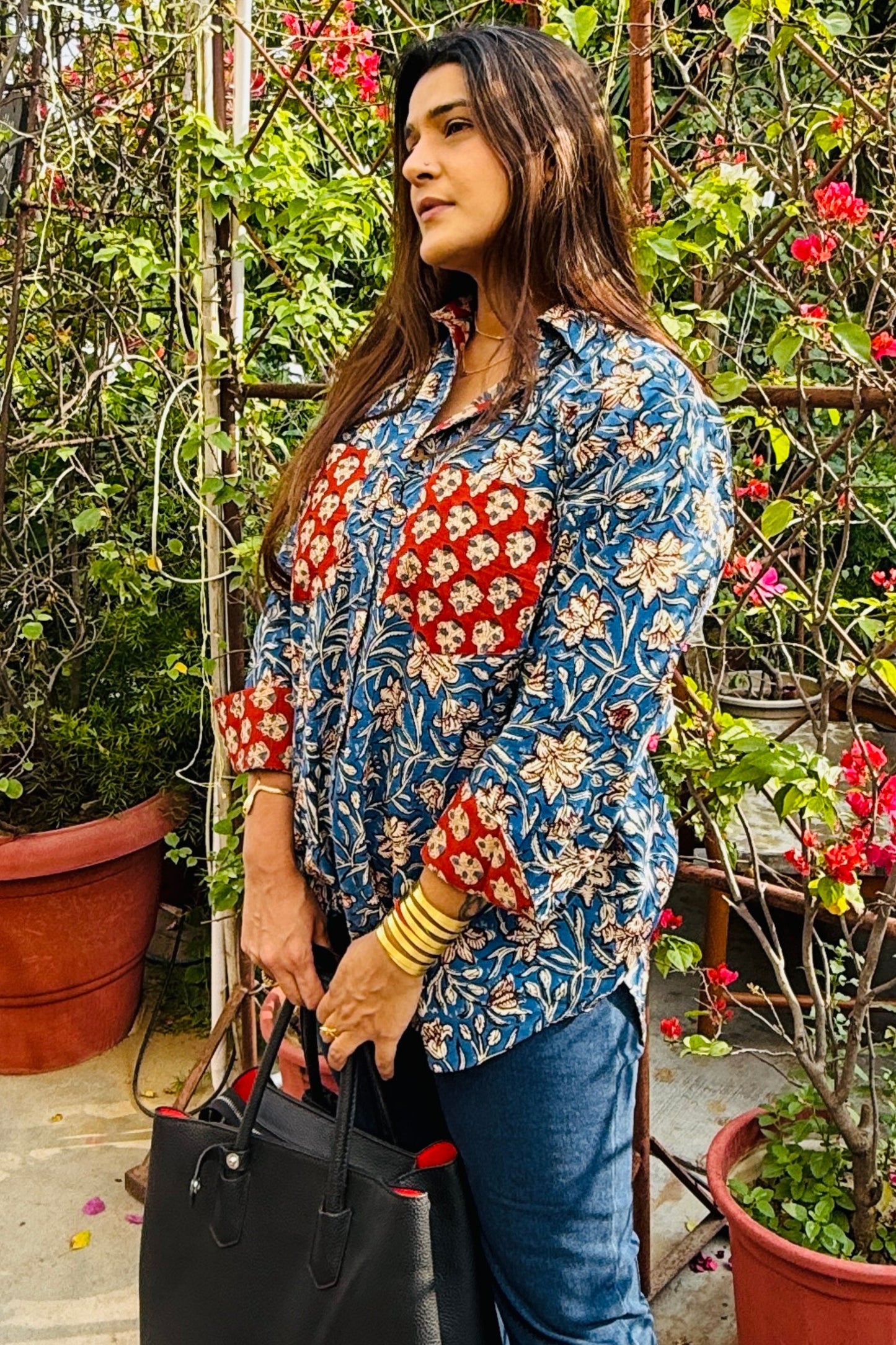 Siyaahi Cotton Hand Block Oversized Shirt - House Of Kaura