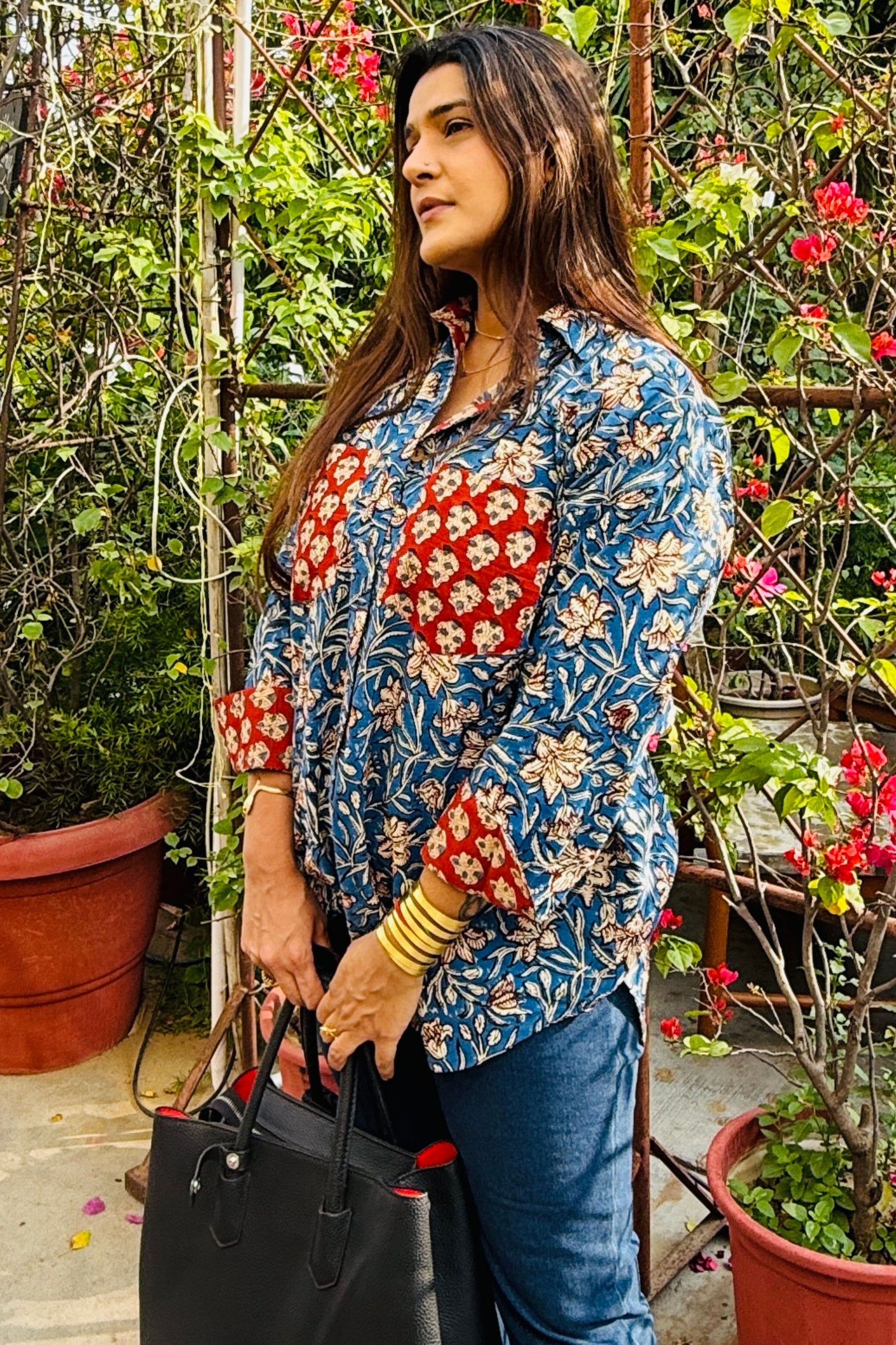 Siyaahi Cotton Hand Block Oversized Shirt - House Of Kaura