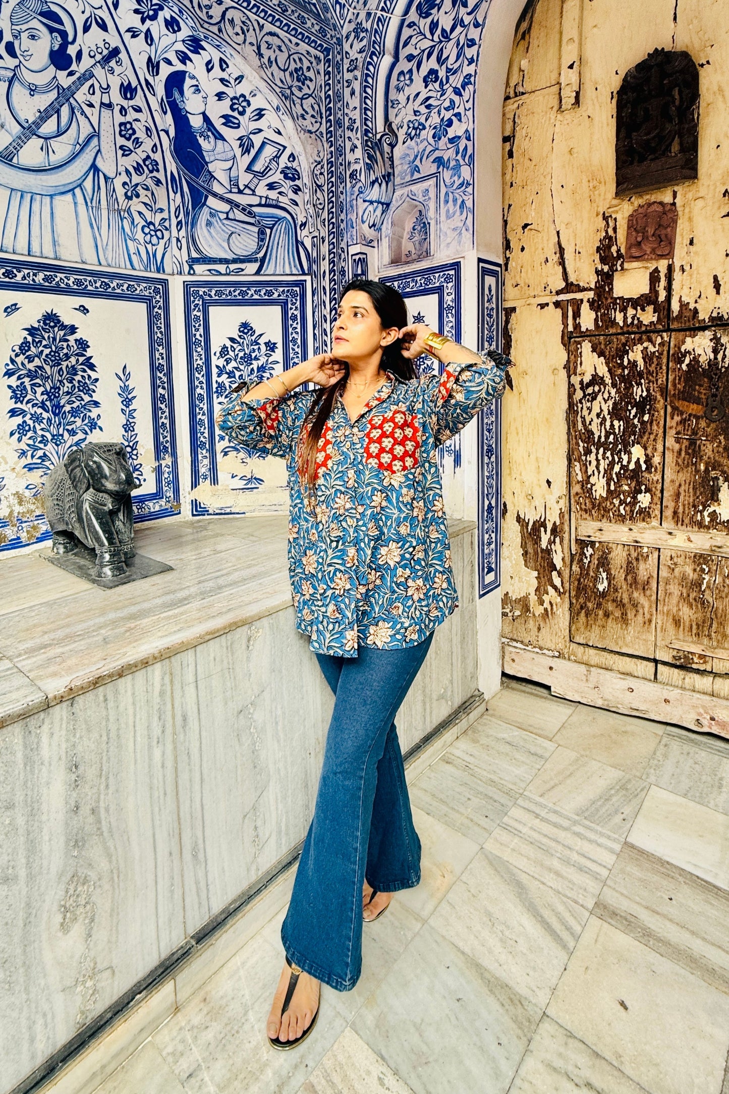 Siyaahi Cotton Hand Block Oversized Shirt - House Of Kaura