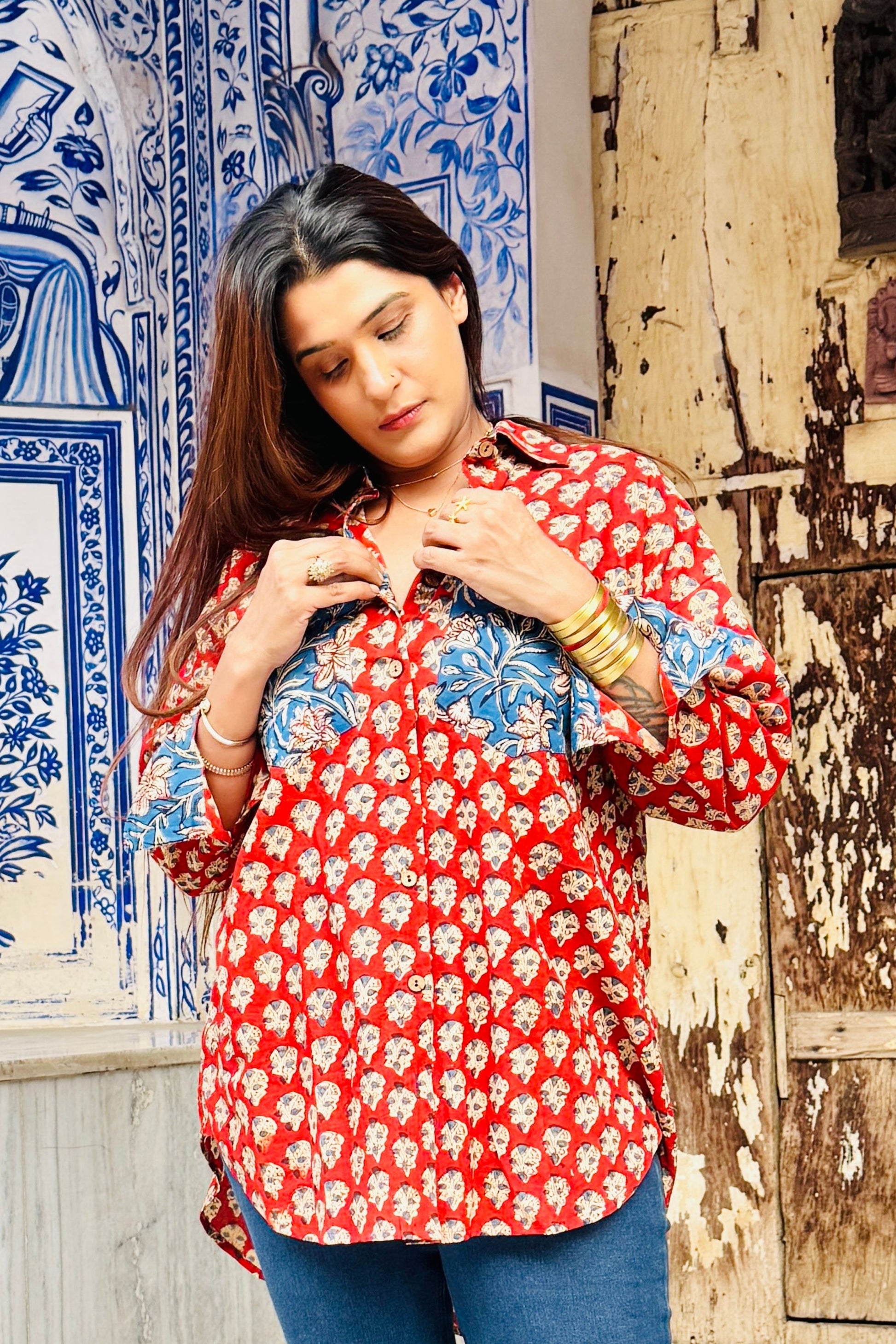 Gulabagh Oversized Cotton Hand Block Shirt - House Of Kaura