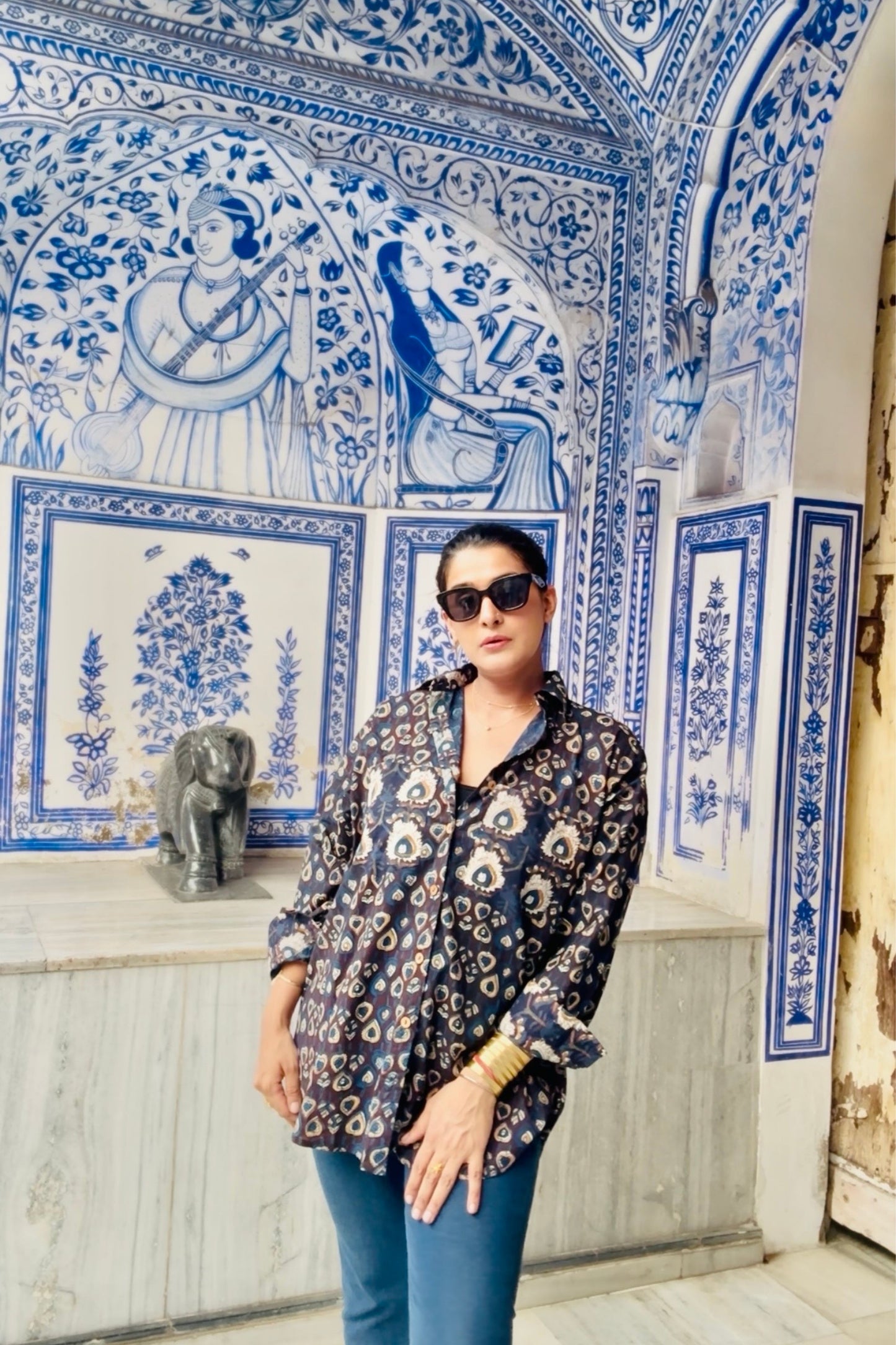 Indigo Story Cotton Natural Printing Oversized Shirt - House Of Kaura