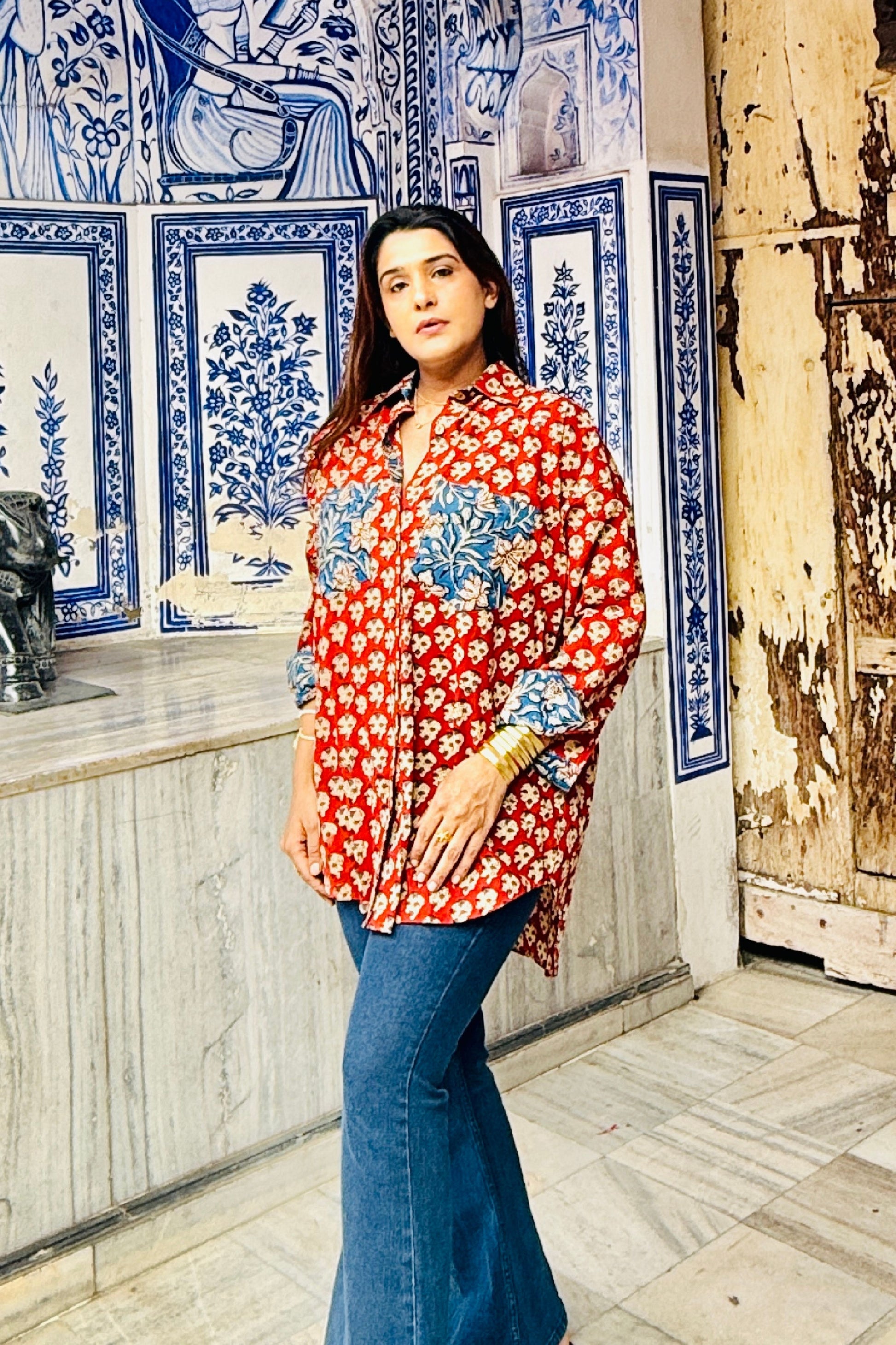 Gulabagh Oversized Cotton Hand Block Shirt - House Of Kaura