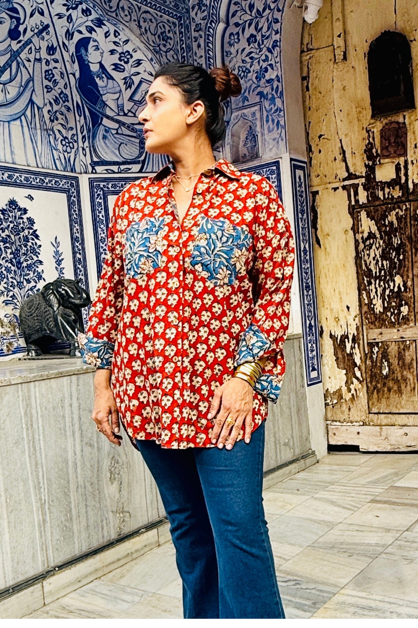 Gulabagh Oversized Cotton Hand Block Shirt - House Of Kaura