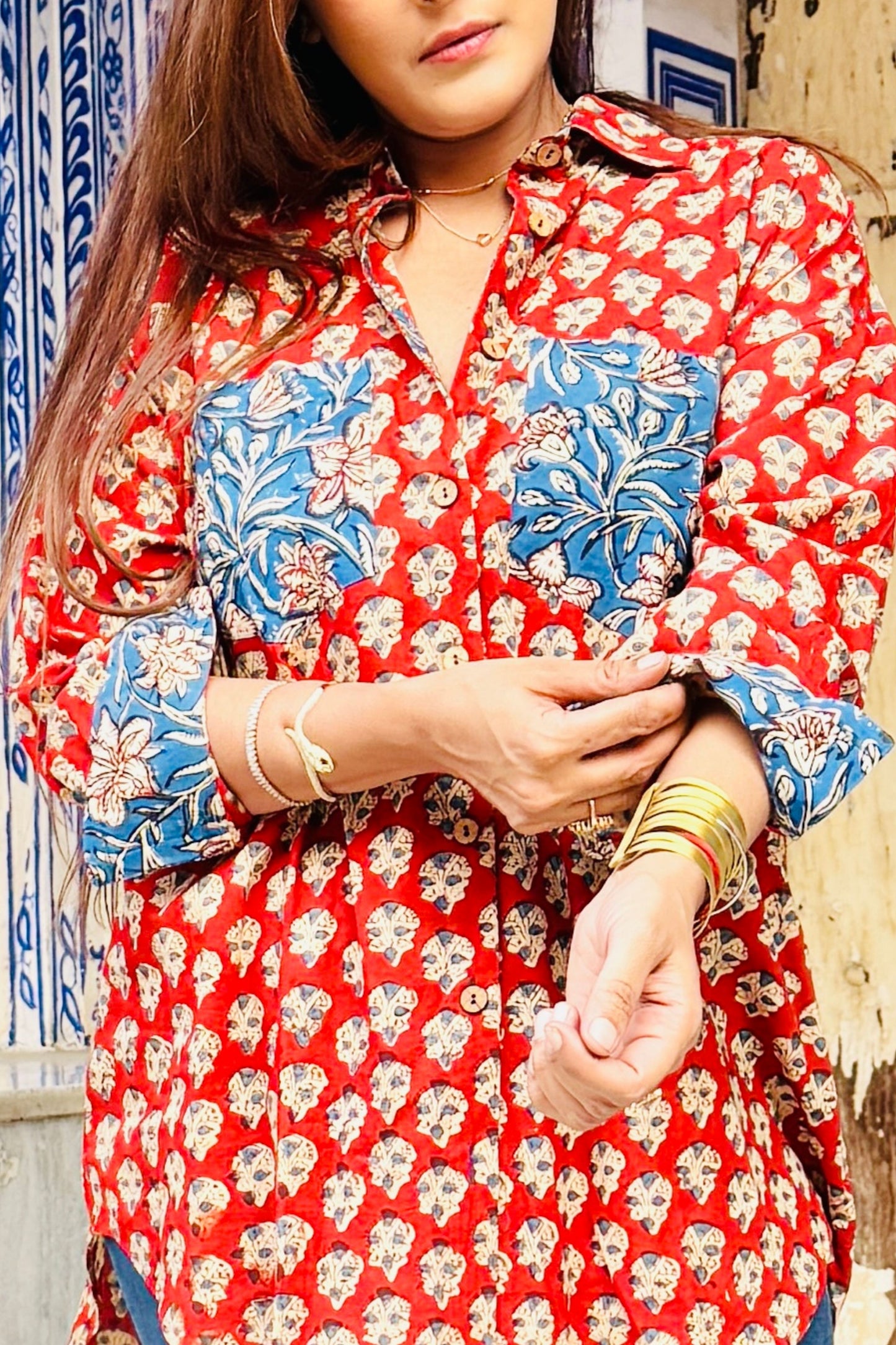 Gulabagh Oversized Cotton Hand Block Shirt - House Of Kaura