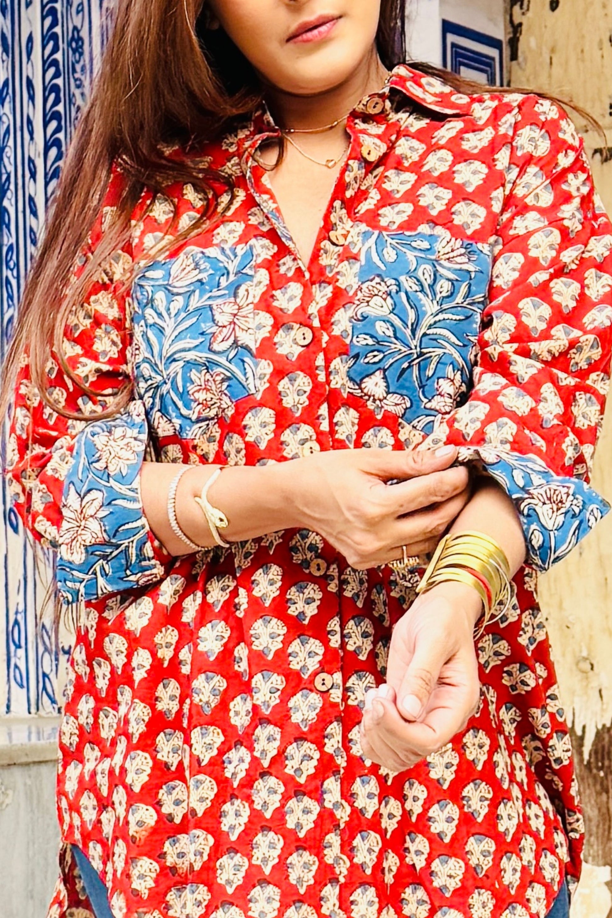 Gulabagh Oversized Cotton Hand Block Shirt - House Of Kaura