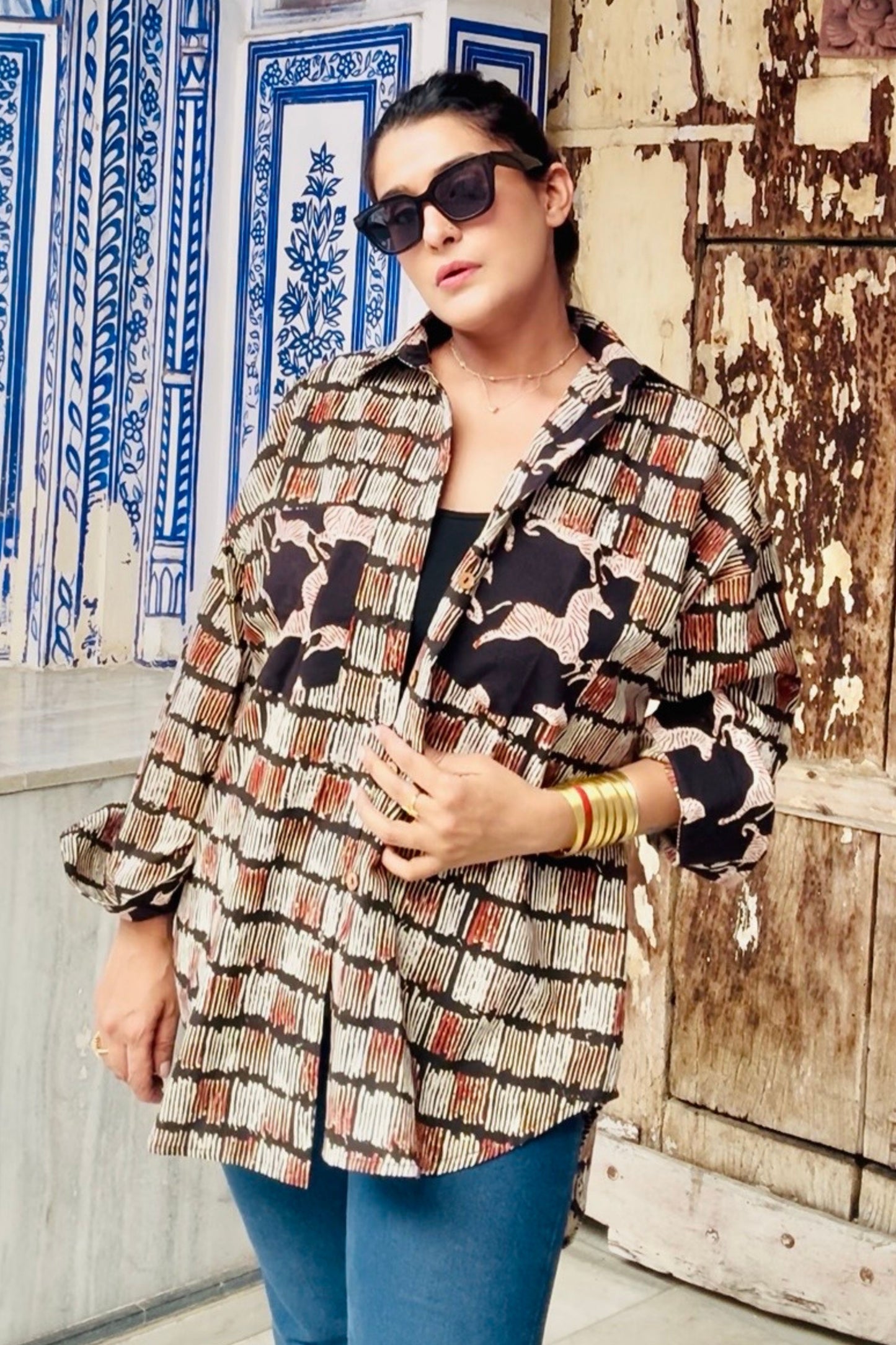 Desert Stripes Cotton Hand Block Oversized Shirt - House Of Kaura