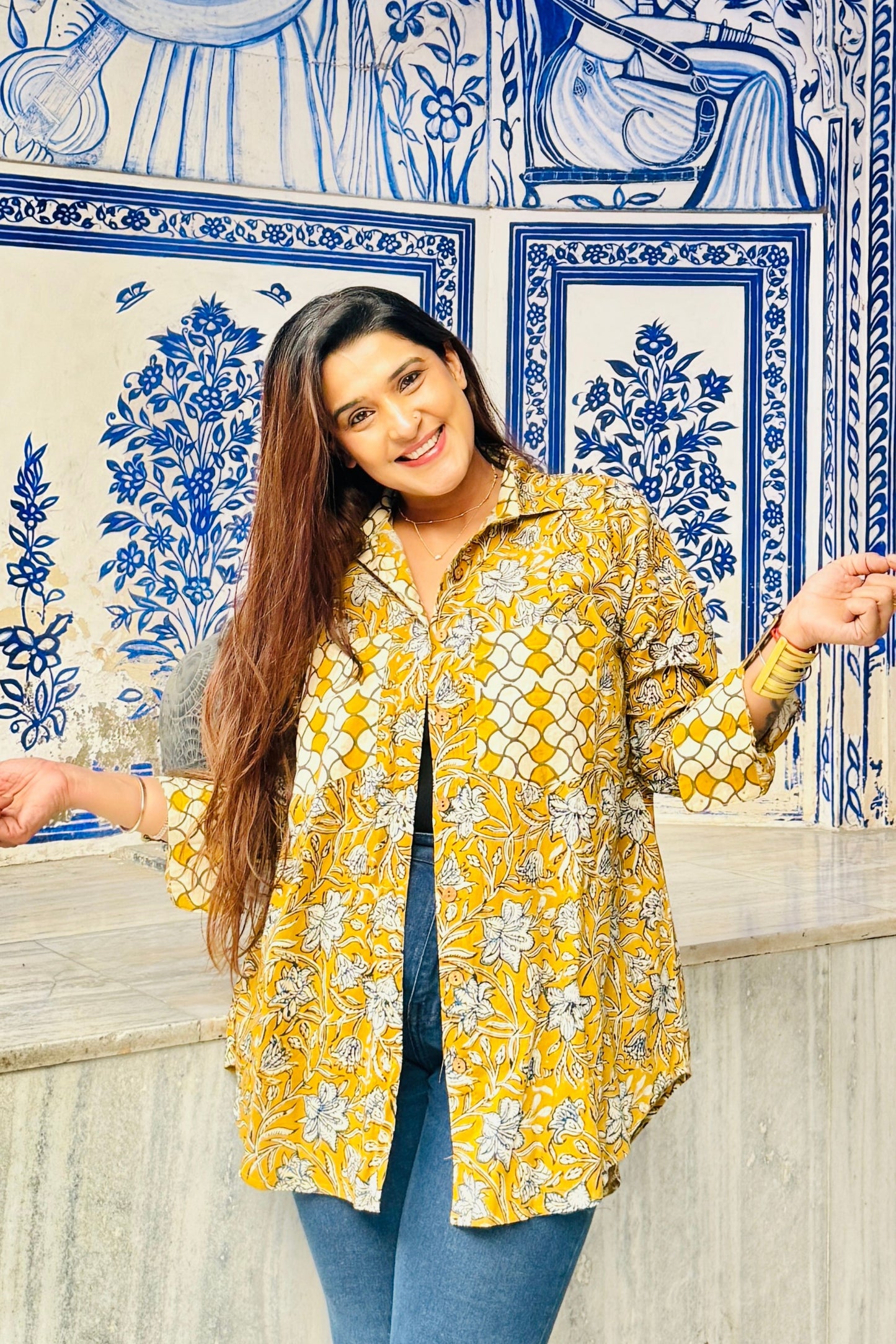 Sunheri Cotton Oversized Mustard Printed Natural Block Printed Shirt - House Of Kaura