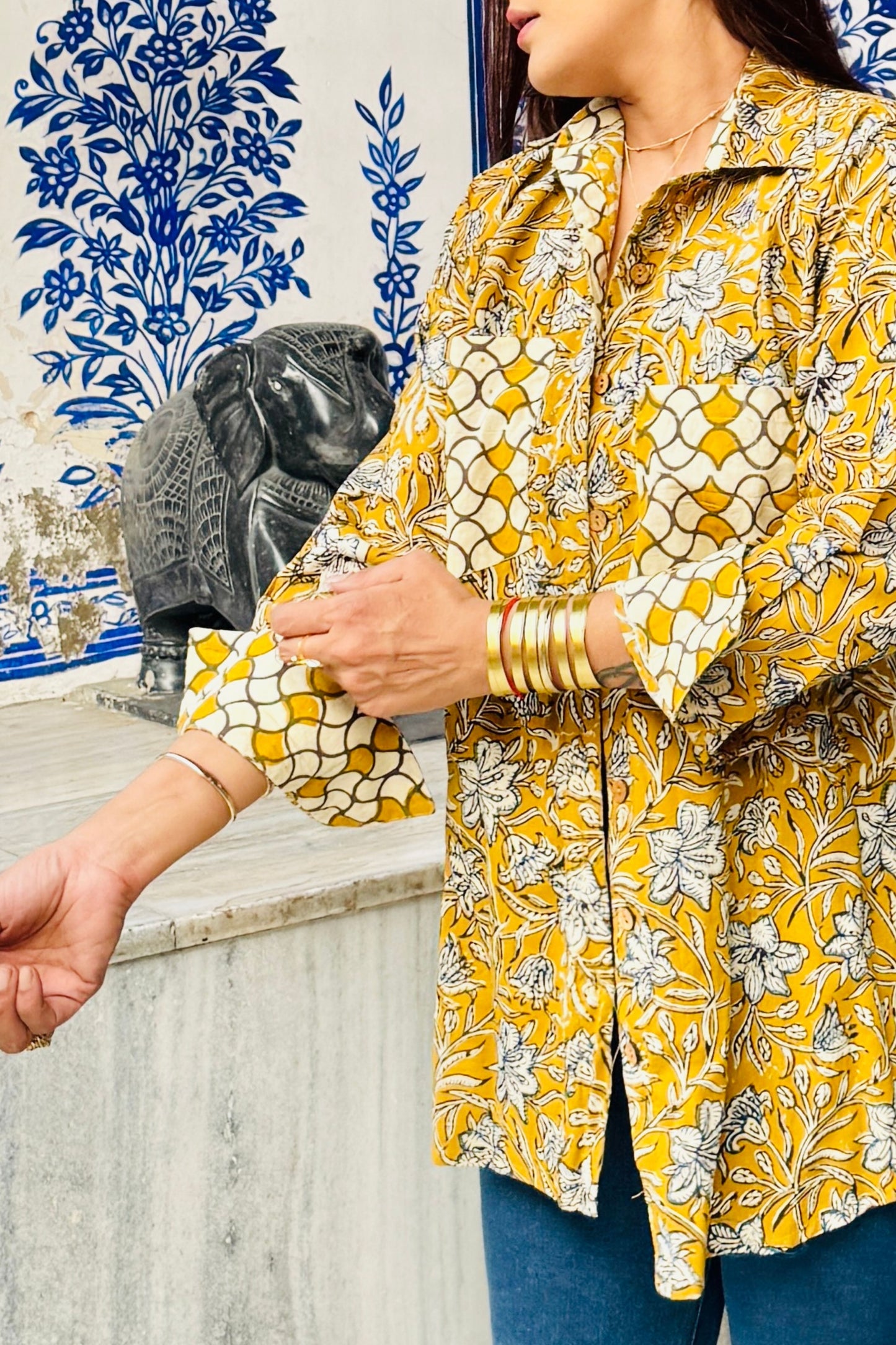 Sunheri Cotton Oversized Mustard Printed Natural Block Printed Shirt - House Of Kaura