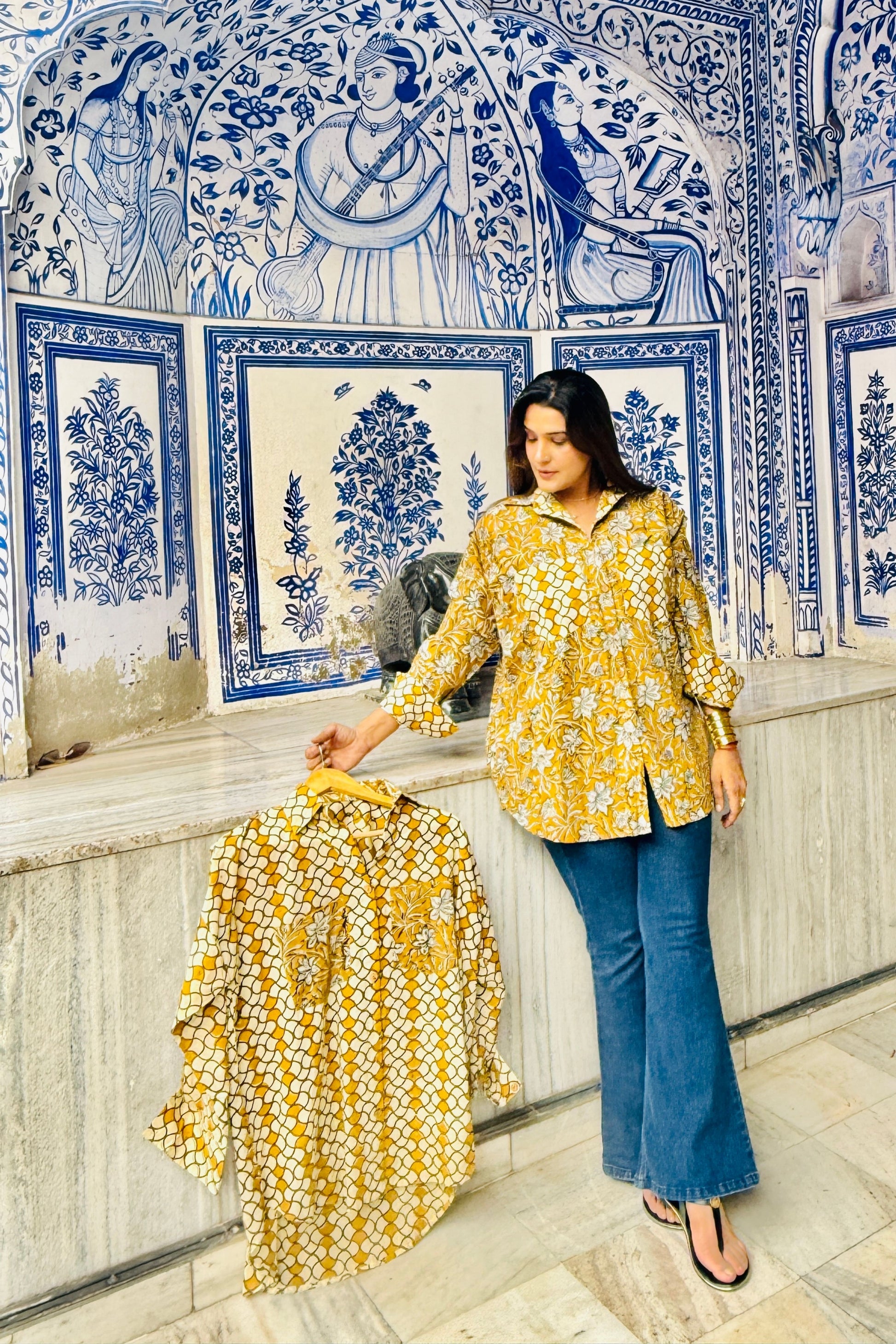 Sunheri Cotton Oversized Mustard Printed Natural Block Printed Shirt - House Of Kaura