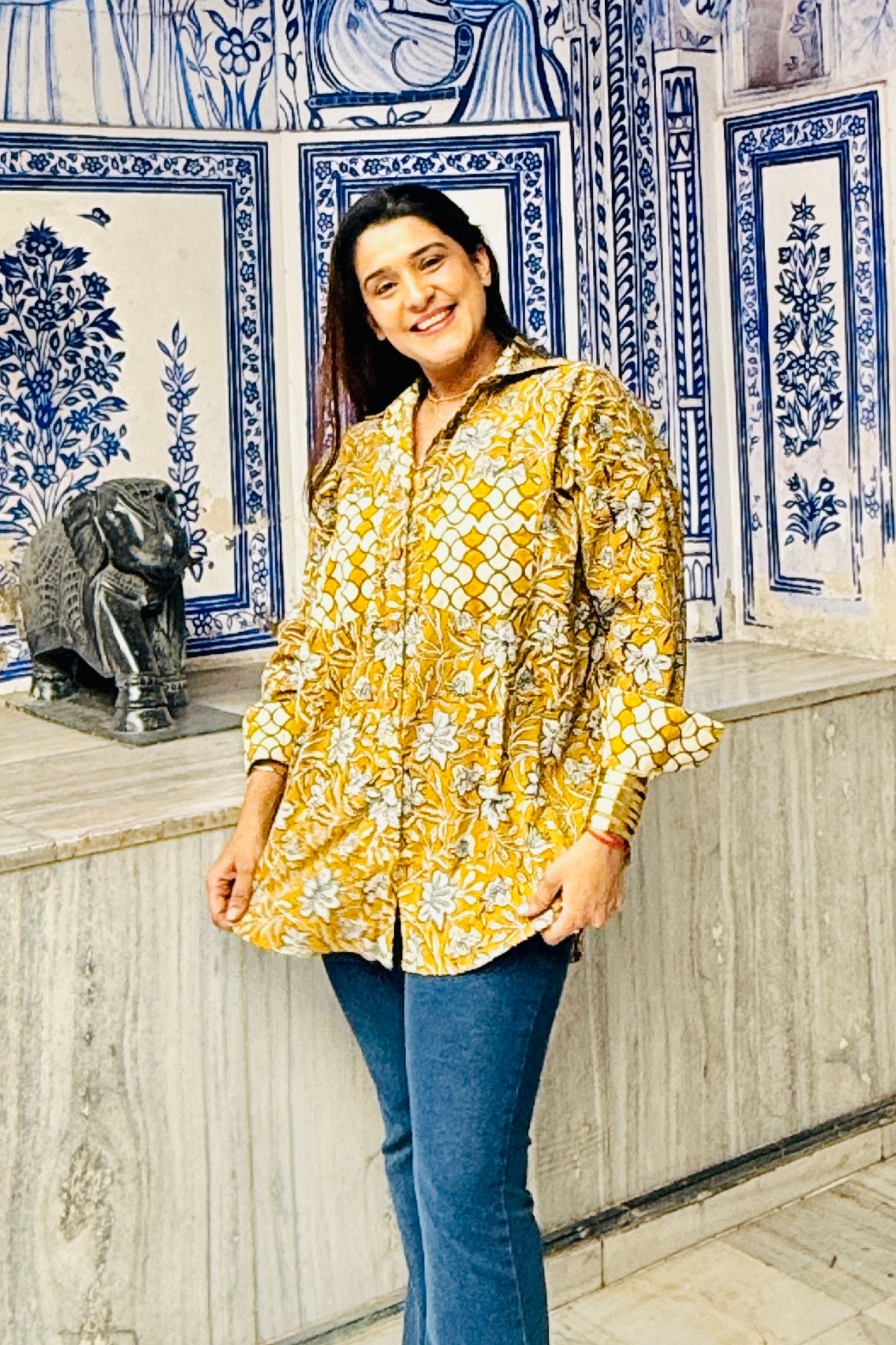 Sunheri Cotton Oversized Mustard Printed Natural Block Printed Shirt - House Of Kaura