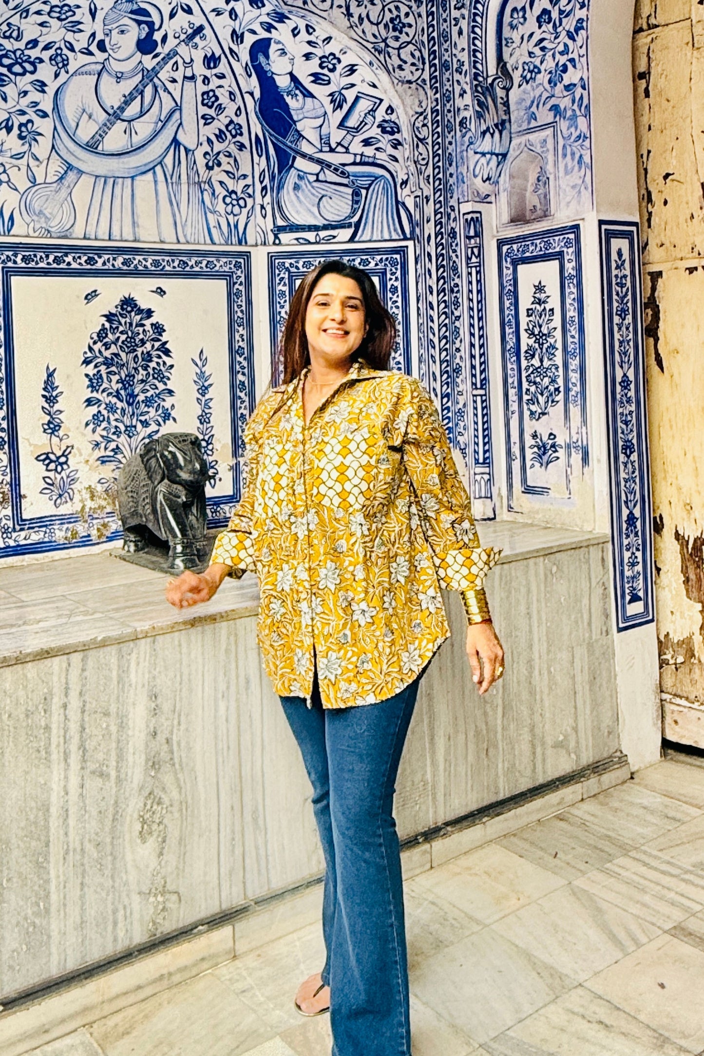 Sunheri Cotton Oversized Mustard Printed Natural Block Printed Shirt - House Of Kaura